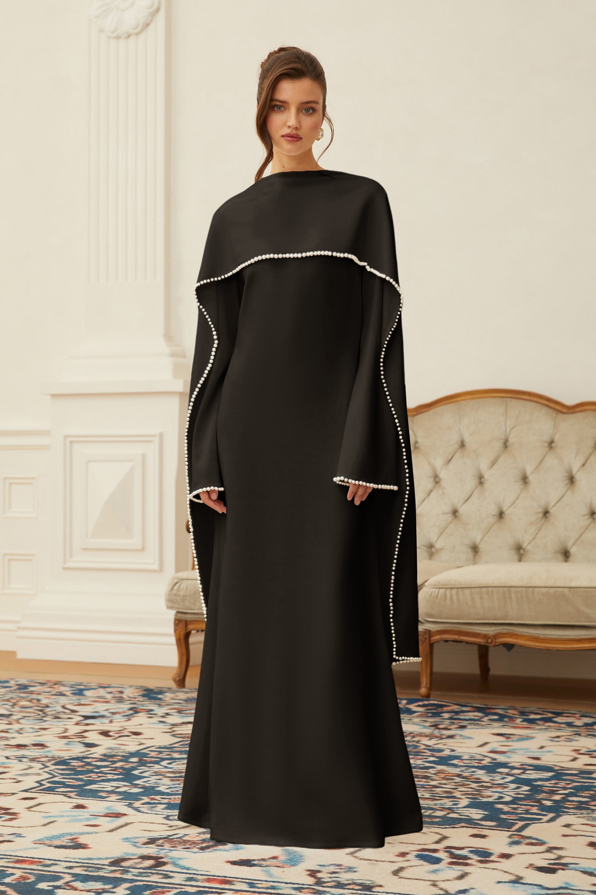 Piroska Black Pearl Trim Shawl Detail Maxi Dress (Final Sale)