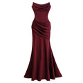 Vestido largo satin burdeos Marilou con fruncido, elegante y de talla maxi, para ocasiones especiales.