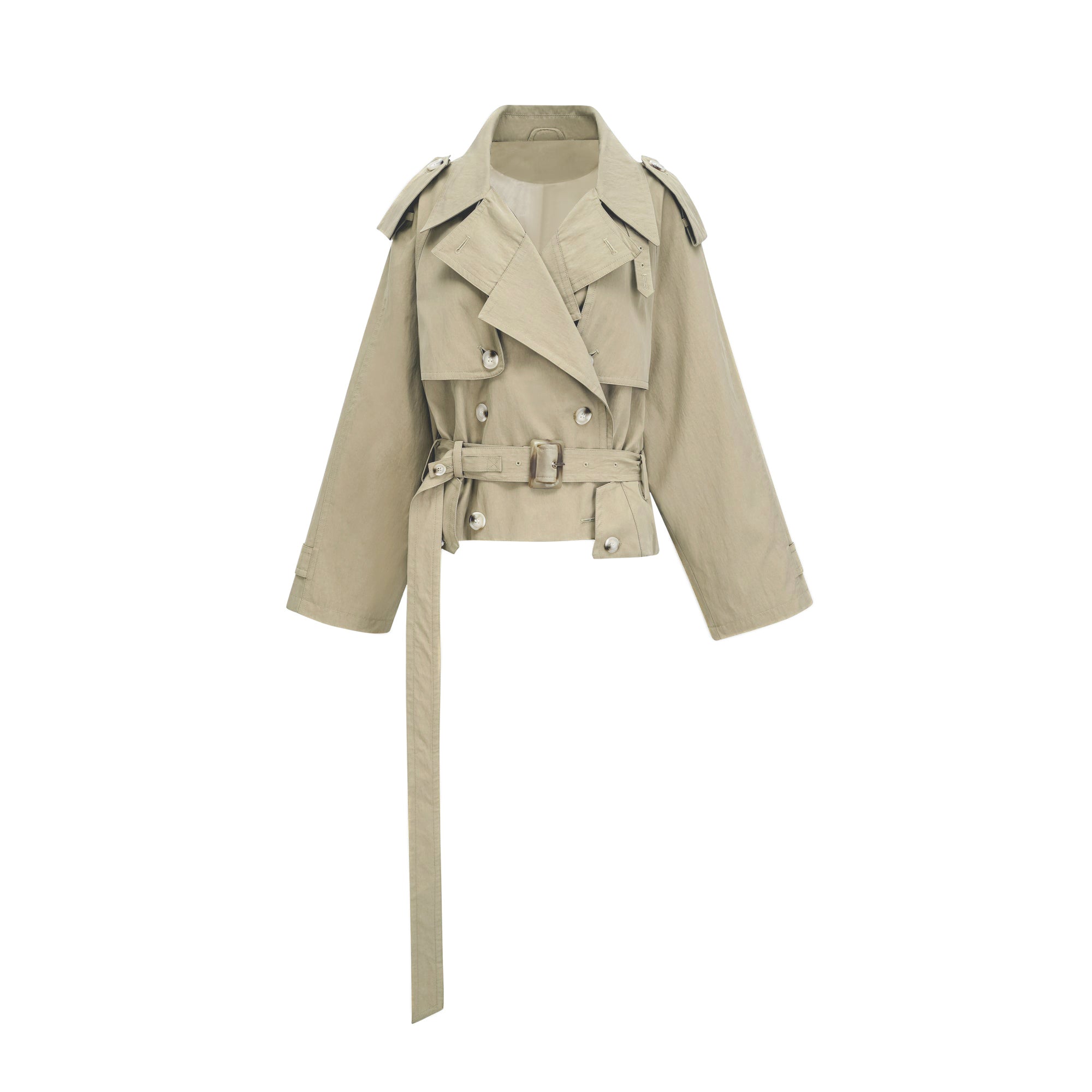 Abrigo trench con cinturón de la marca MRNewyork, modelo Justine, en color beige, con solapa y cinturón en la cintura.