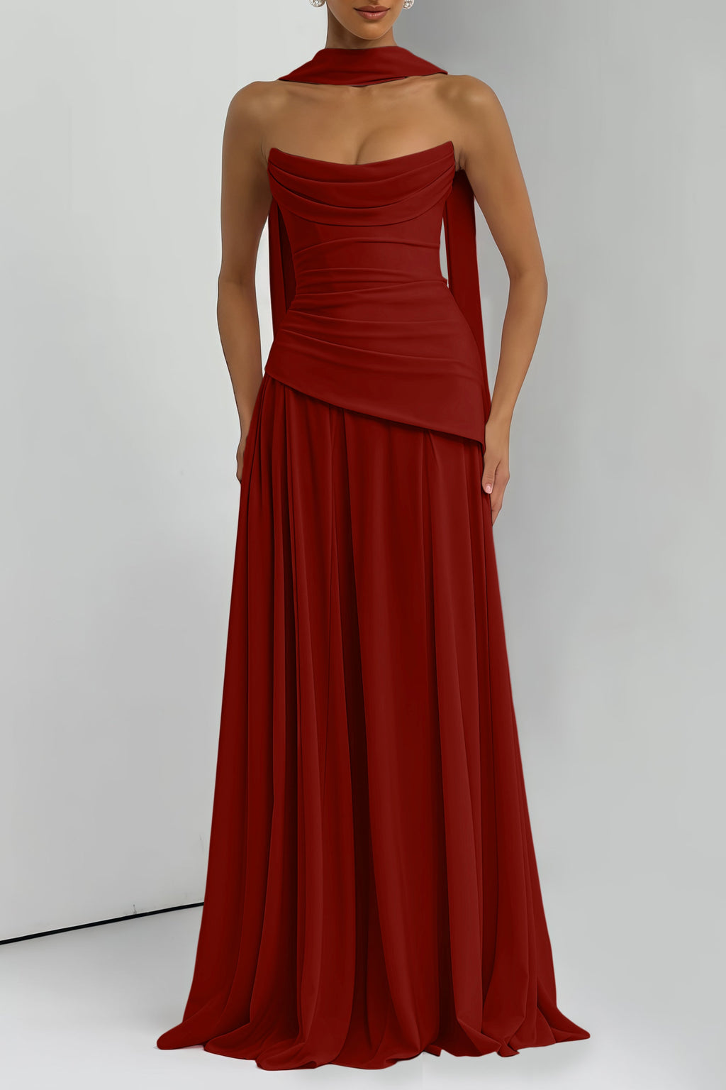 Romane Burgundy Strapless Corset Chiffon Maxi Dress