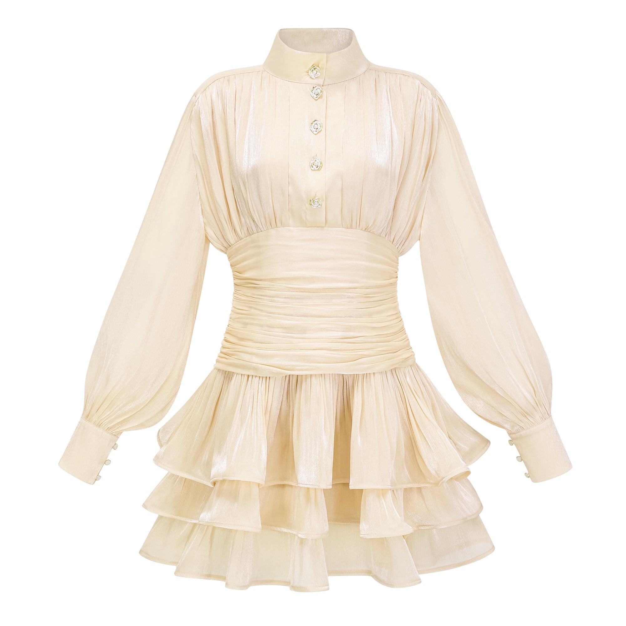 Vestido mini de novia Emersyn Neutrals, con cuello alto y detalles de volantes en tonos neutros, muestra la prenda en la imagen.