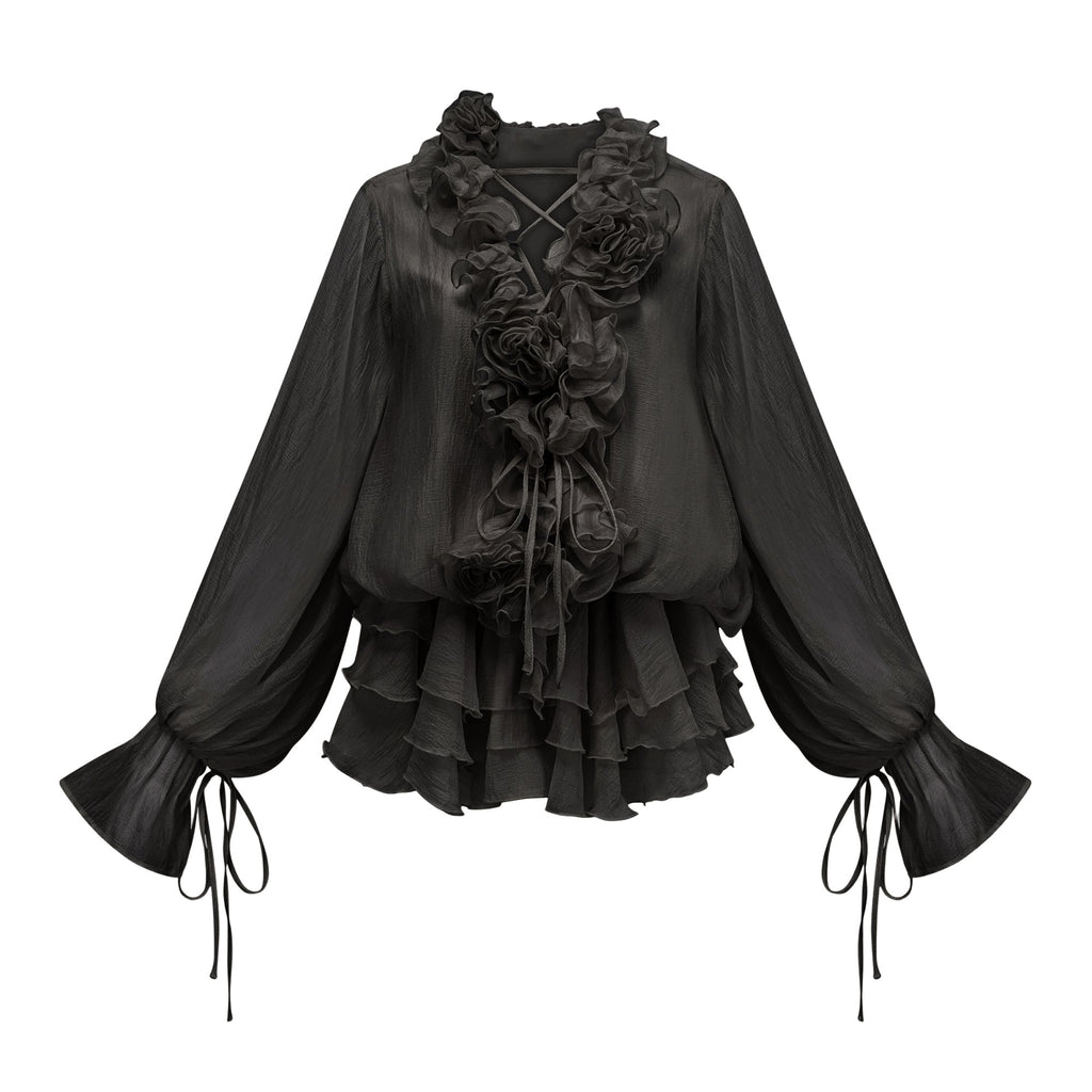 Vestido mini de seda negro con apliques florales y diseño en capas, de la marca Final Sale.