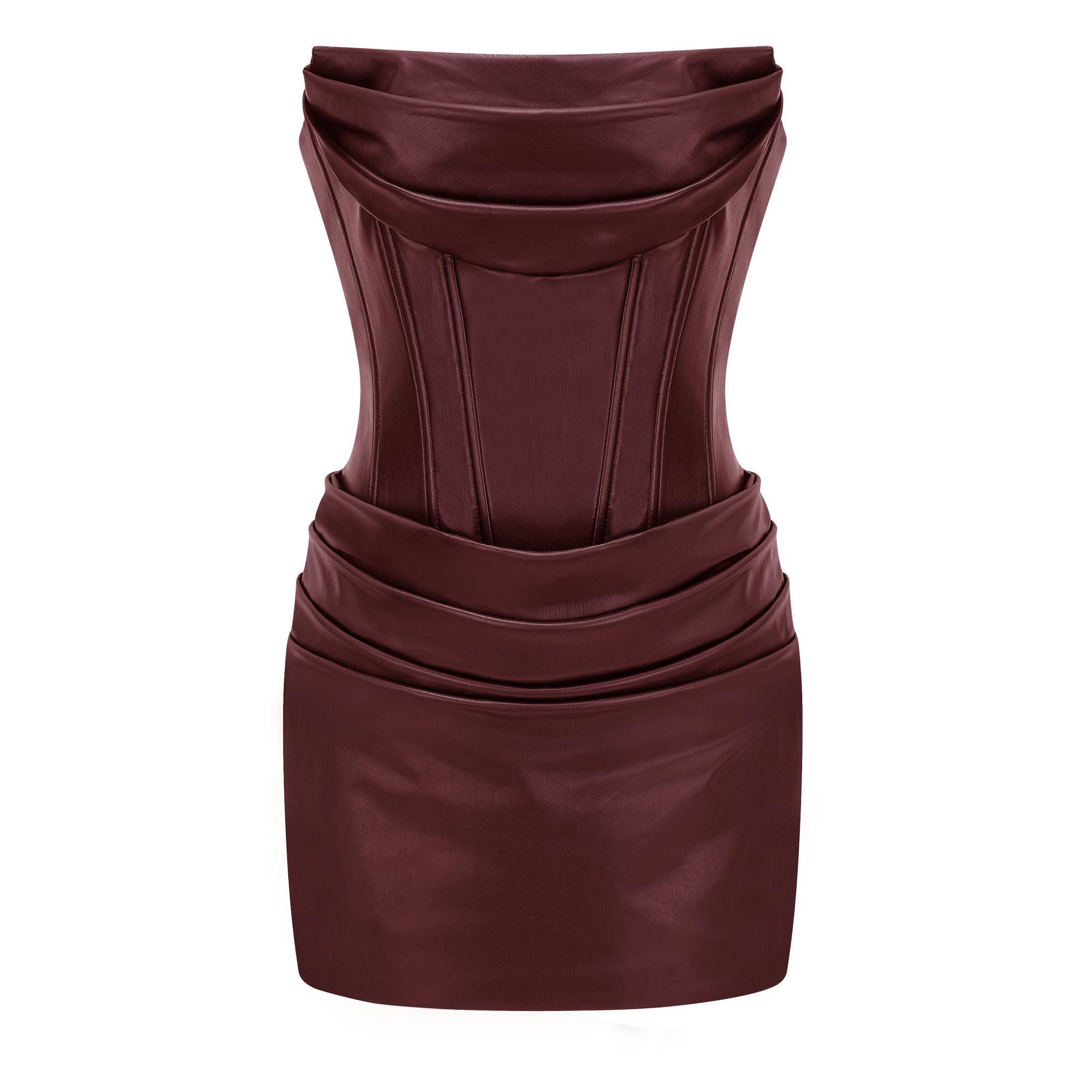 Vestido bodycon mini de cuero con drapeado Agnes Brown, ajuste ceñido y estilo elegante en color marrón oscuro.