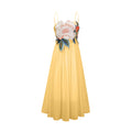 Vestido largo floral con bordado y fruncido de la marca Final Sale en color amarillo, con detalles de diseño en la imagen.