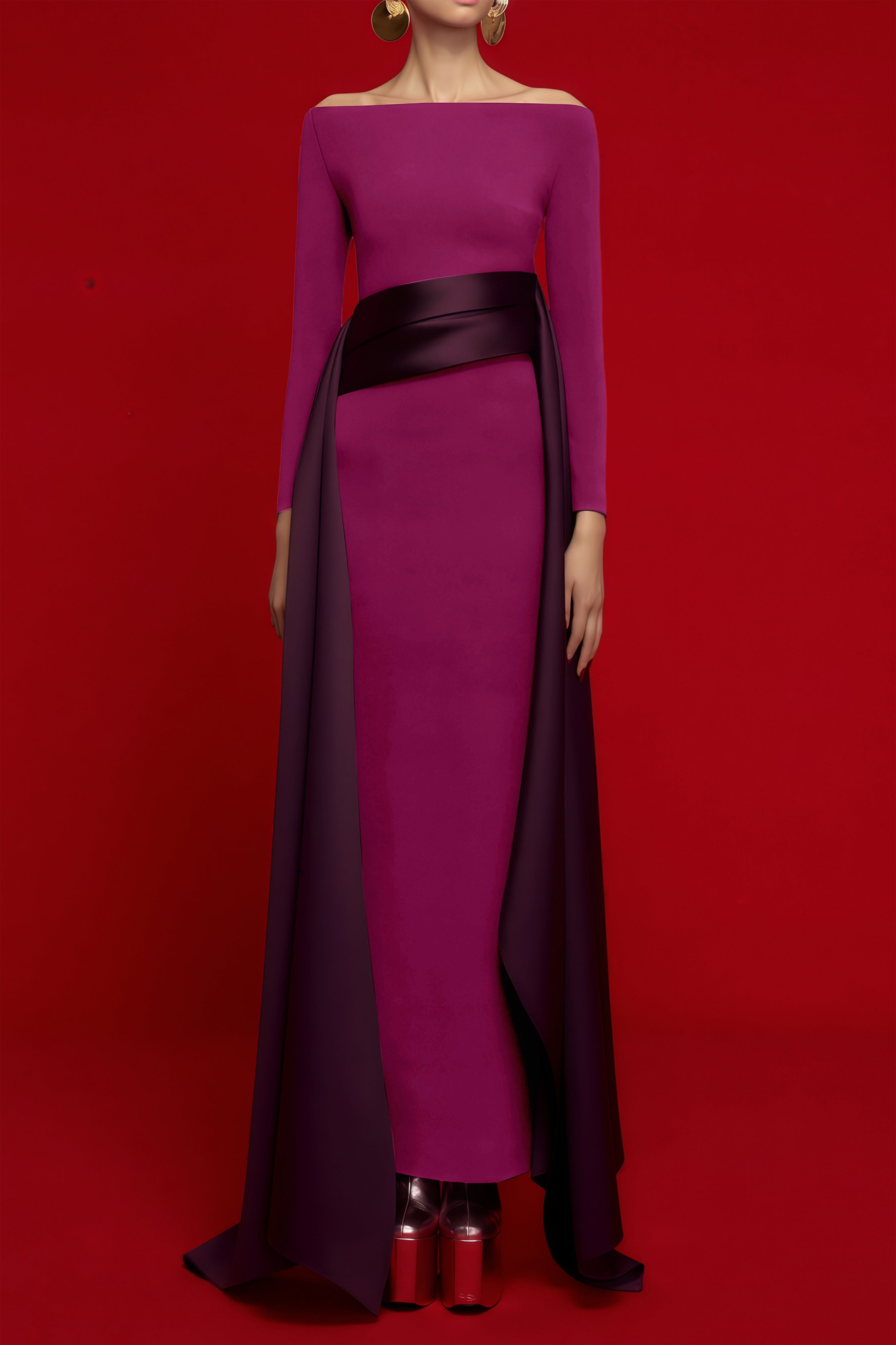Vestido maxi Ginevra Magenta con drapeado y panel de manchas de la marca Final Sale, vista frontal en color magenta.