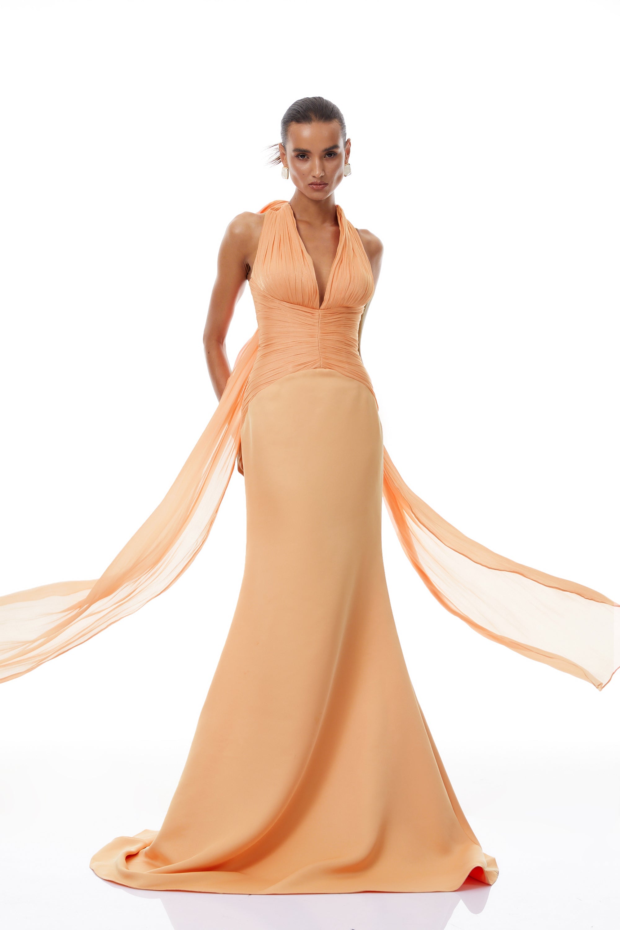 Emmeline Orange Train Design Gathered Maxi Dress (Final Sale-US Only)