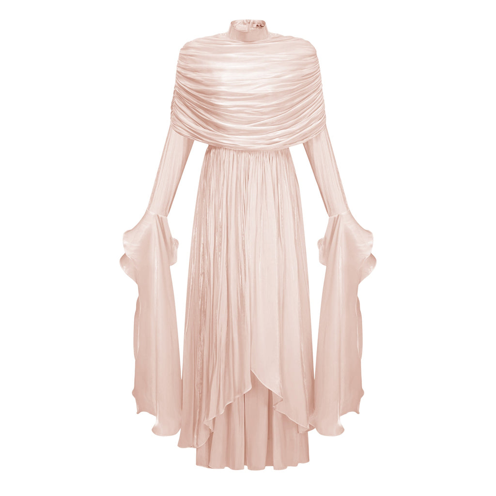 Gustave Pink Ruched Cape Ruffled Maxi Dress