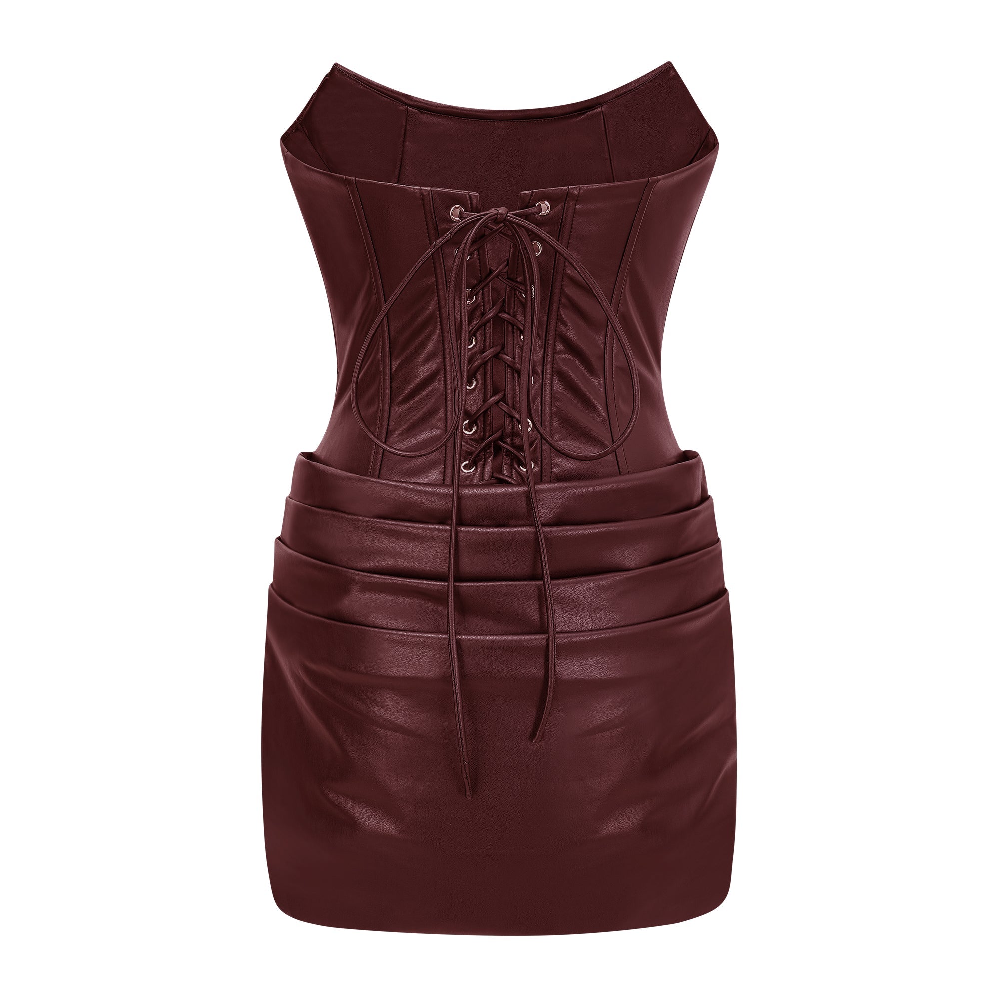 Vestido mini ajustado de cuero Agnes Brown, con fruncido en el cuerpo, estilo bodycon para mujer, en color negro.