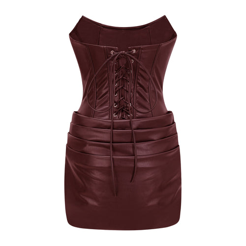 Vestido mini ajustado de cuero Agnes Brown, con fruncido en el cuerpo, estilo bodycon para mujer, en color negro.