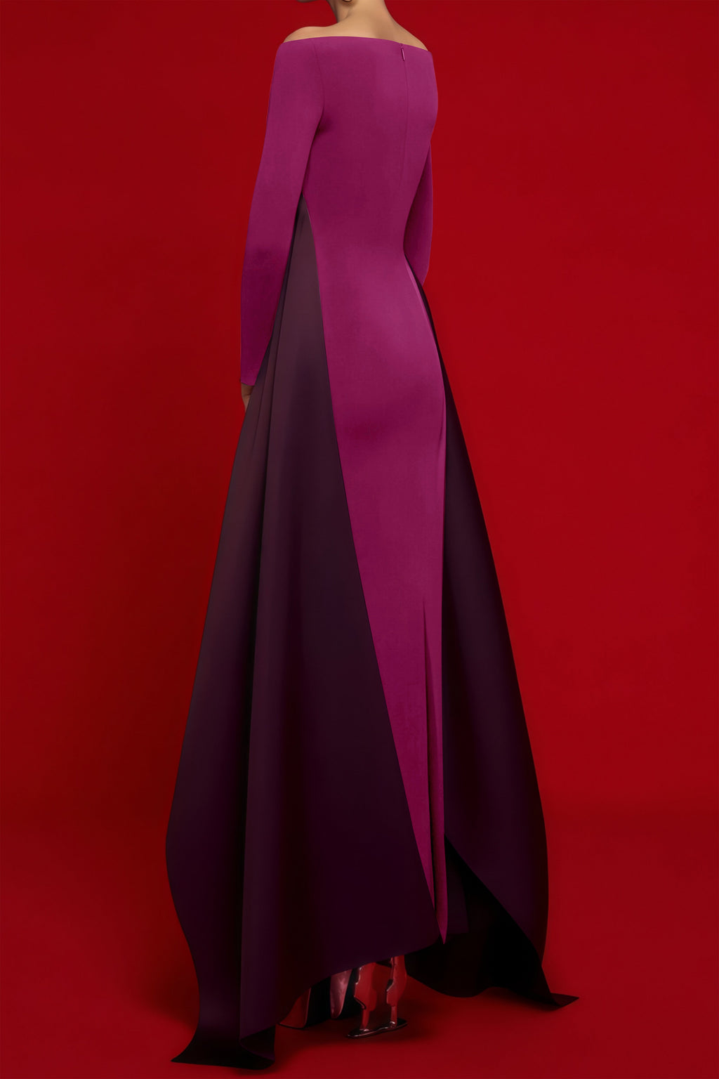 Vestido maxi Ginevra Magenta con drapeado y panel con manchas, elegante y largo, diseñado para ocasiones especiales.