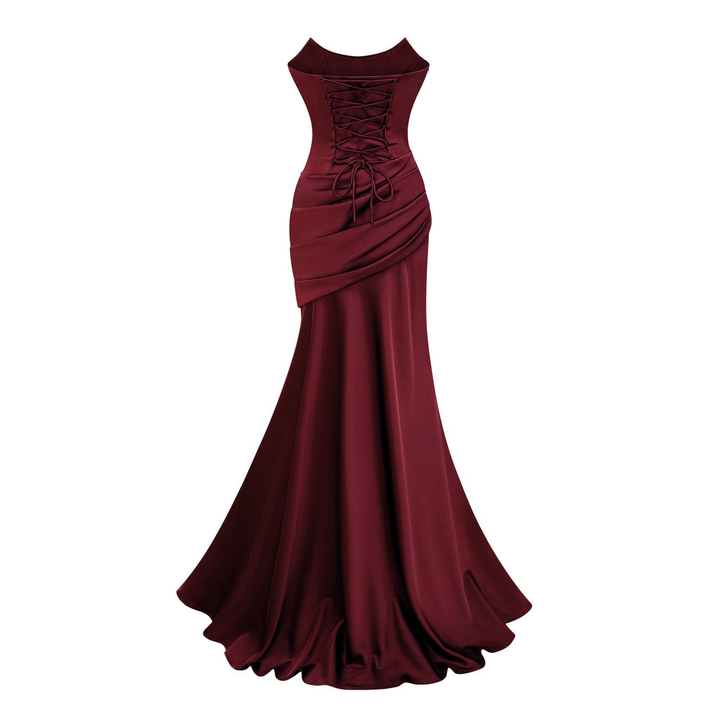 Vestido largo de satén burdeos Marilou con fruncido, estilo maxi, para ocasiones elegantes, en color burdeos con detalles de satén.