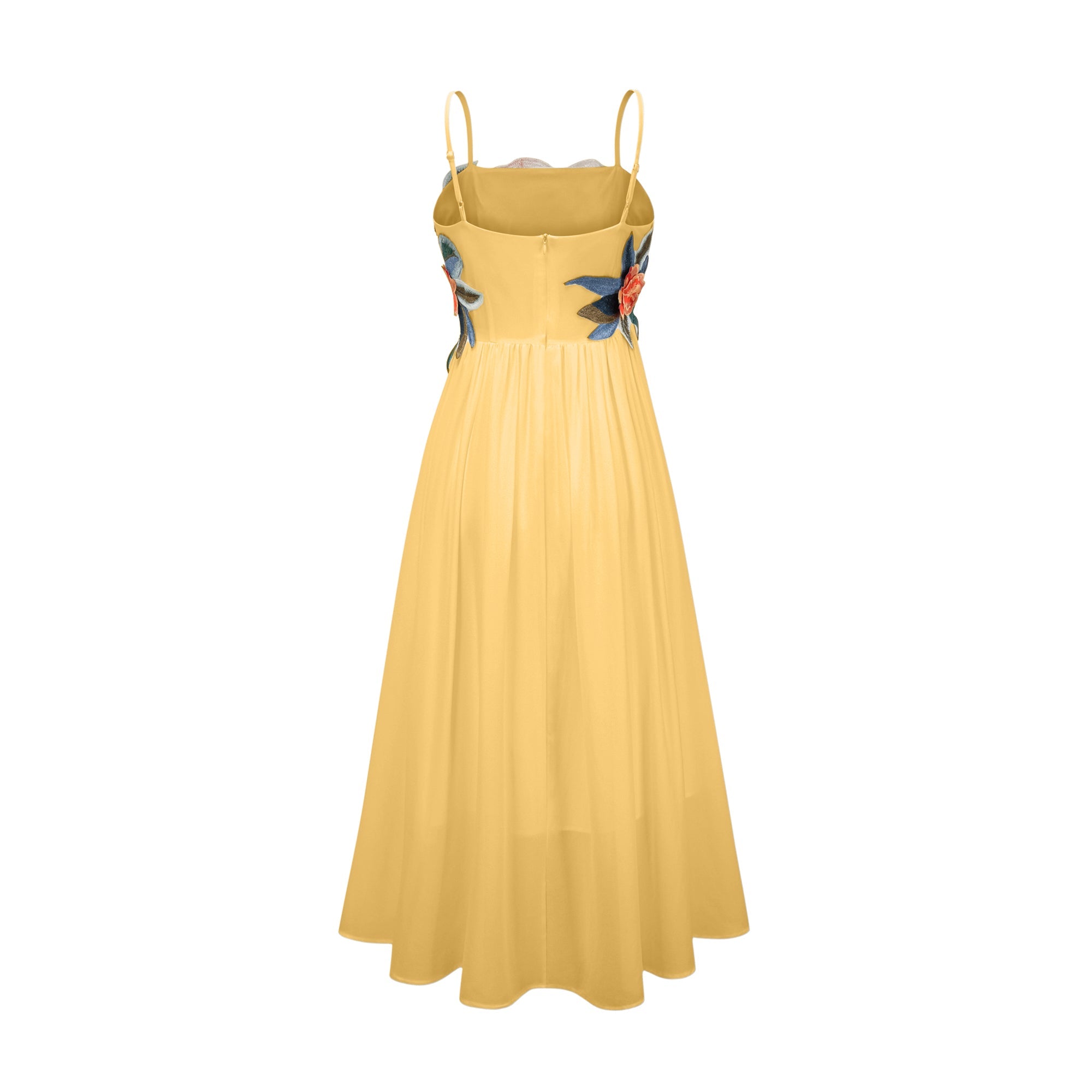 Vestido largo de seda con bordado floral y fruncido en color amarillo, de la marca Final Sale, en un fondo neutro