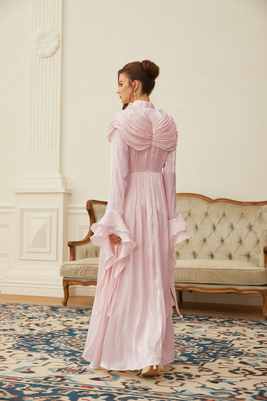 Vestido largo rosa Danuta con pliegues y fruncido, vestido maxi elegante para mujer, estilo final de venta.