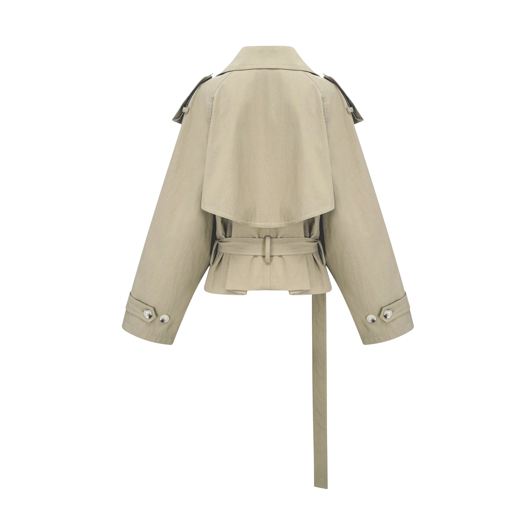 Abrigo trench con cinturón de cintura de MRNewyork, modelo Justine, en color beige, con solapa y bolsillos frontales.