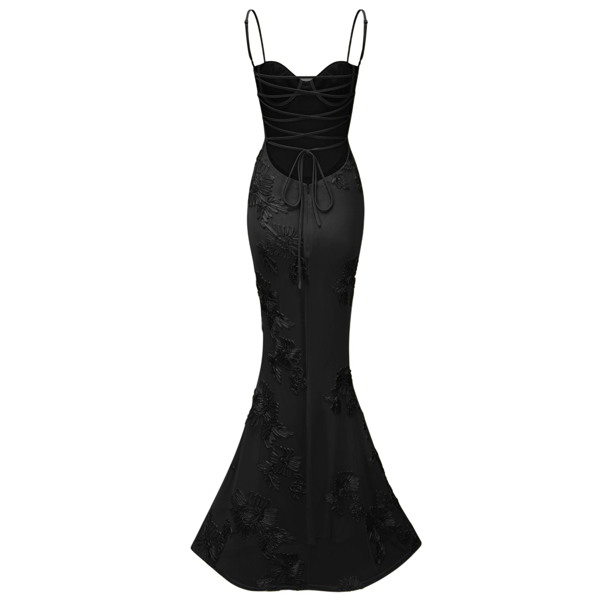 Théoline Black Floral Appliqué Corset Maxi Dress (Final Sale-US Only)