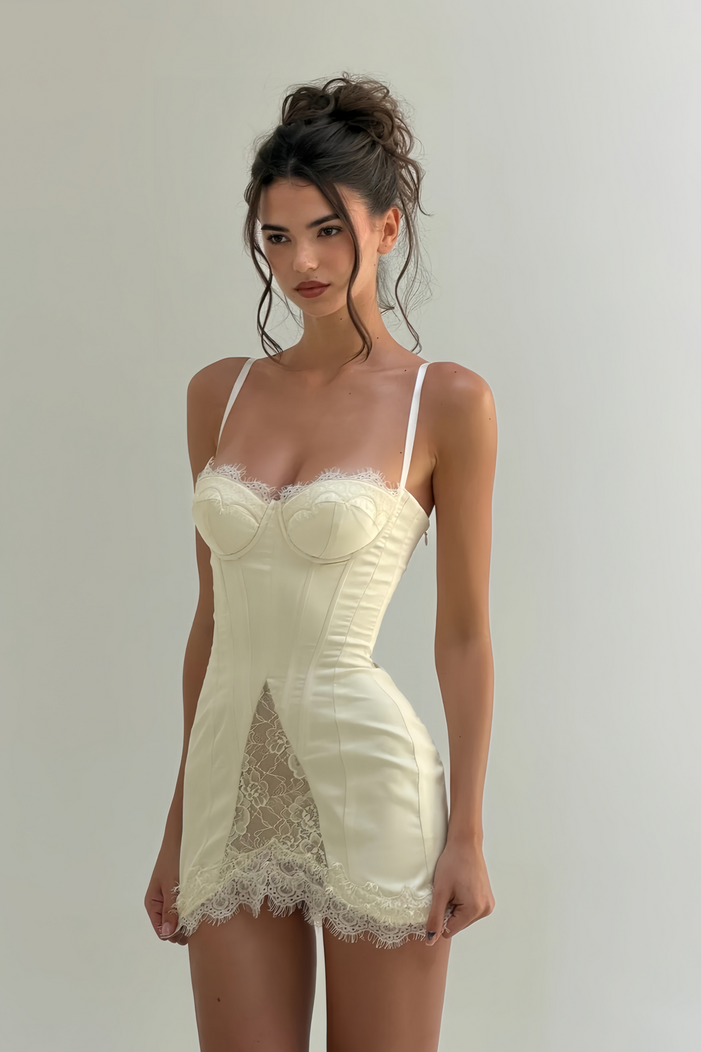 Vestido mini de satén blanco Juliette con encajes de MRNewyork, elegante y sofisticado, con detalles de encaje en los paneles.