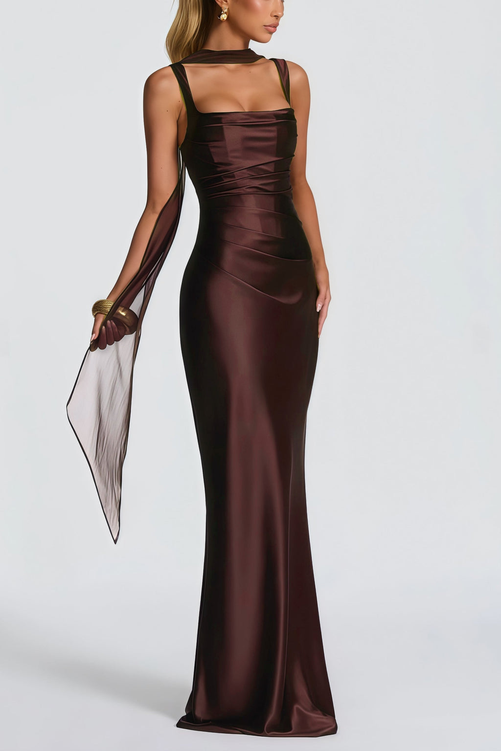 Inmaculada Brown Ruched Satin Maxi Dress (Final Sale-US Only)