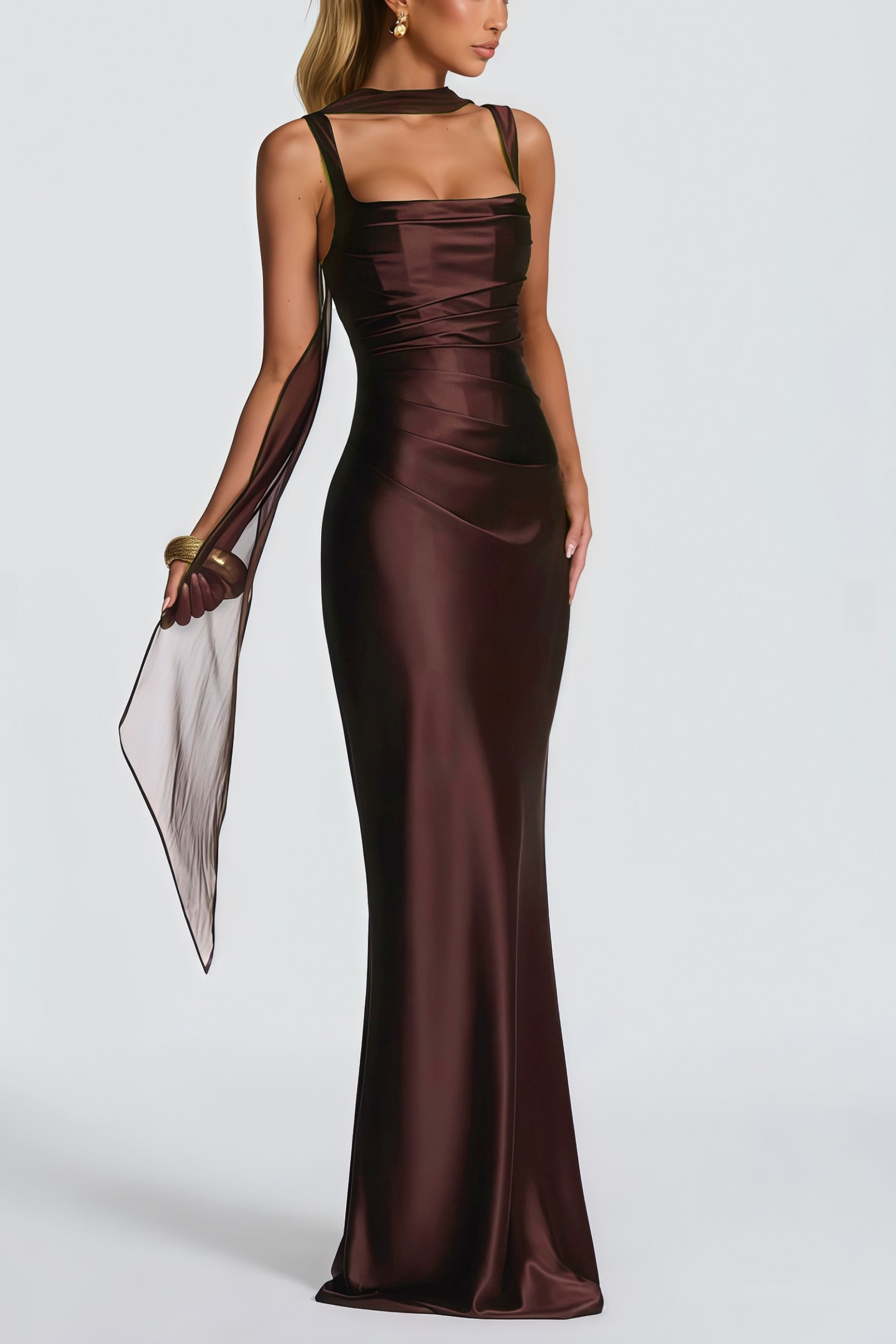 Inmaculada Brown Ruched Satin Maxi Dress (Final Sale-US Only)
