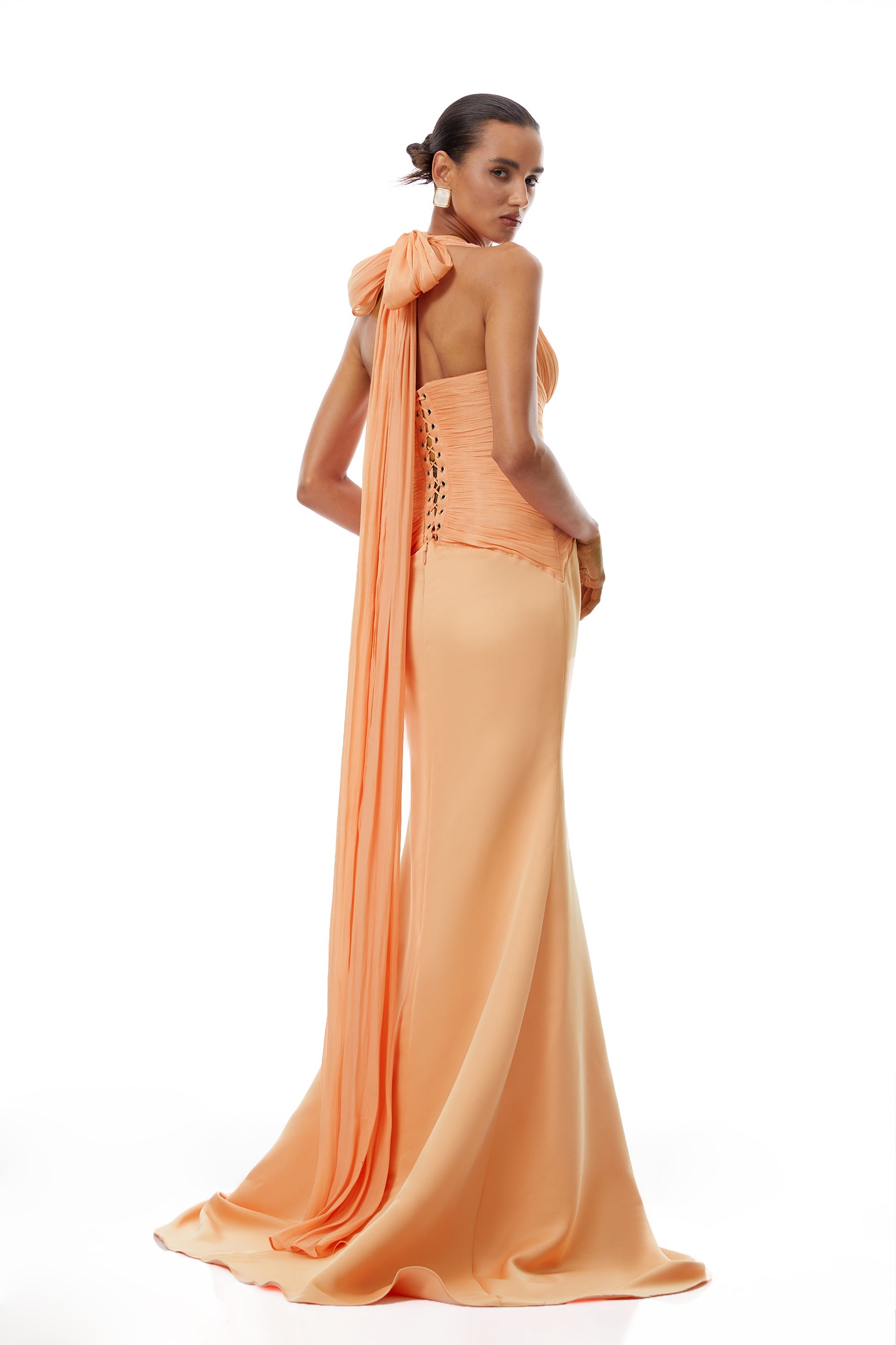 Emmeline Orange Train Design Gathered Maxi Dress (Final Sale-US Only)