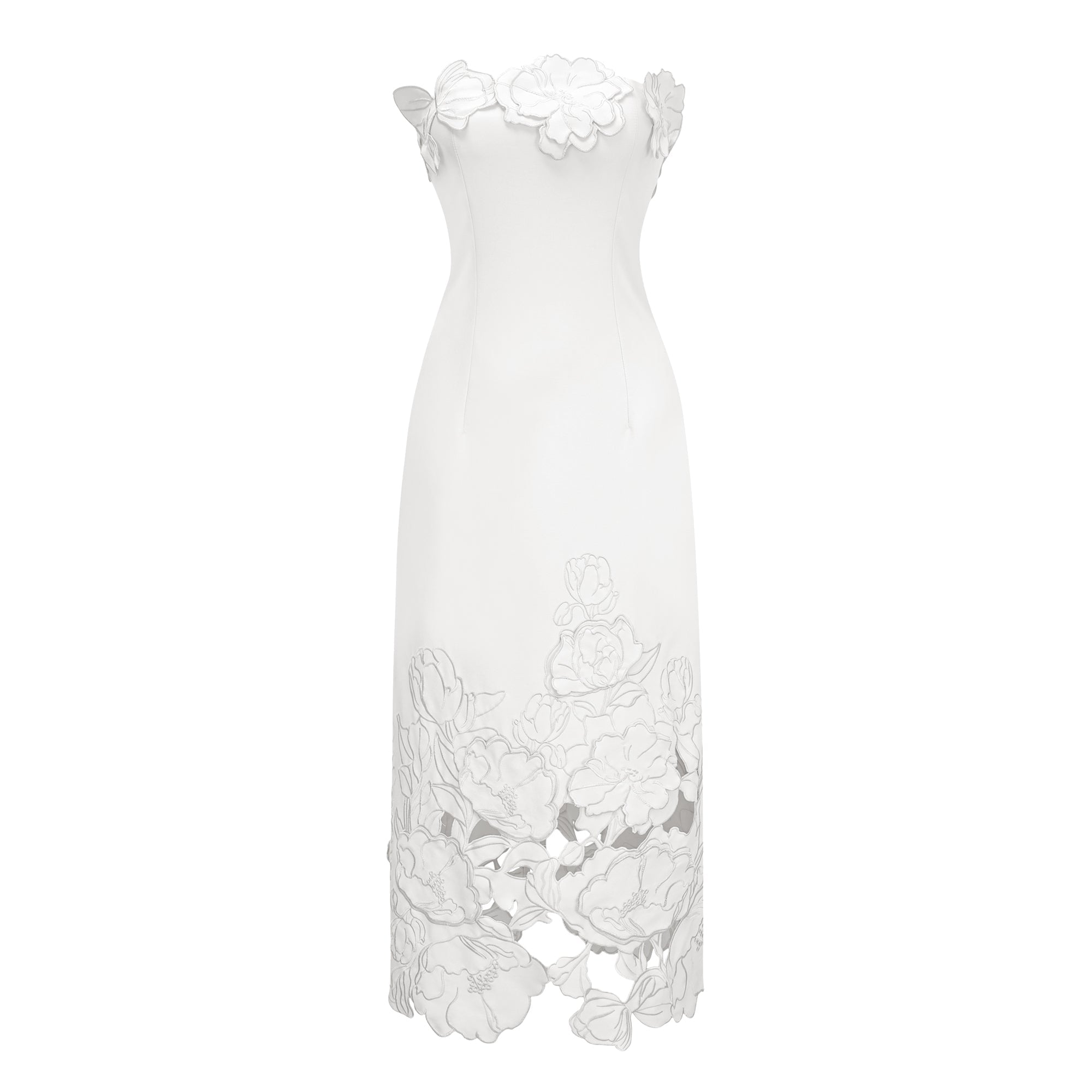 Vestido largo de novia blanco strapless con bordados florales y diseño sin tirantes, estilo maxi y elegante para bodas.