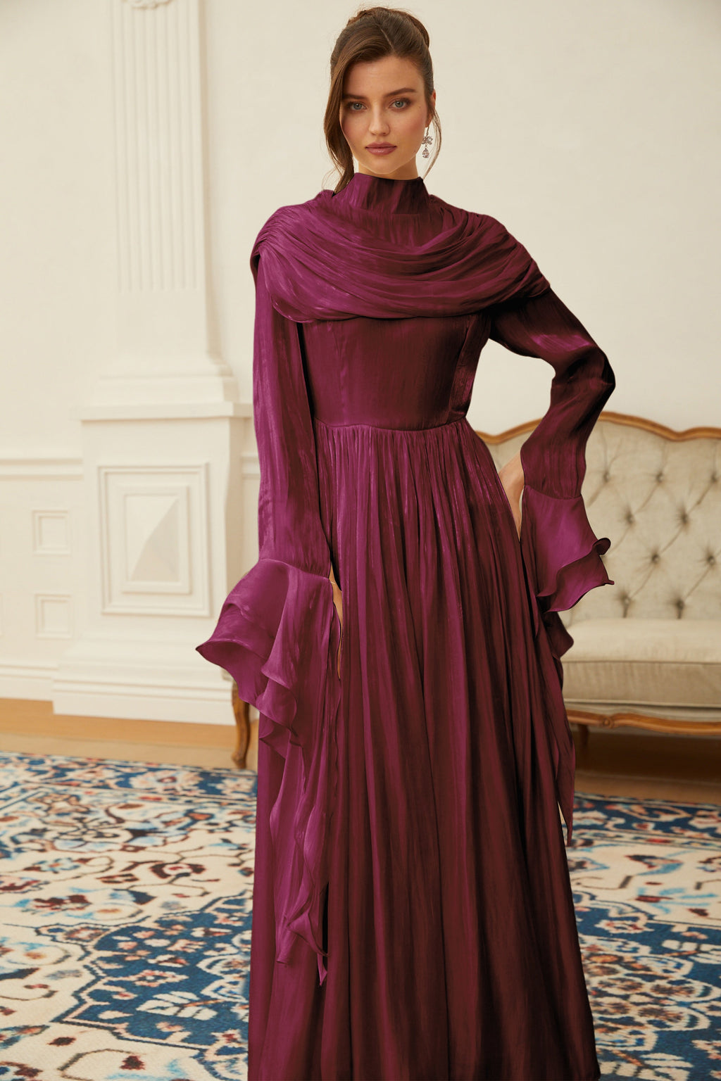 Danuta Burgundy Ruched Pleated Maxi Dress (Final Sale-US Only)