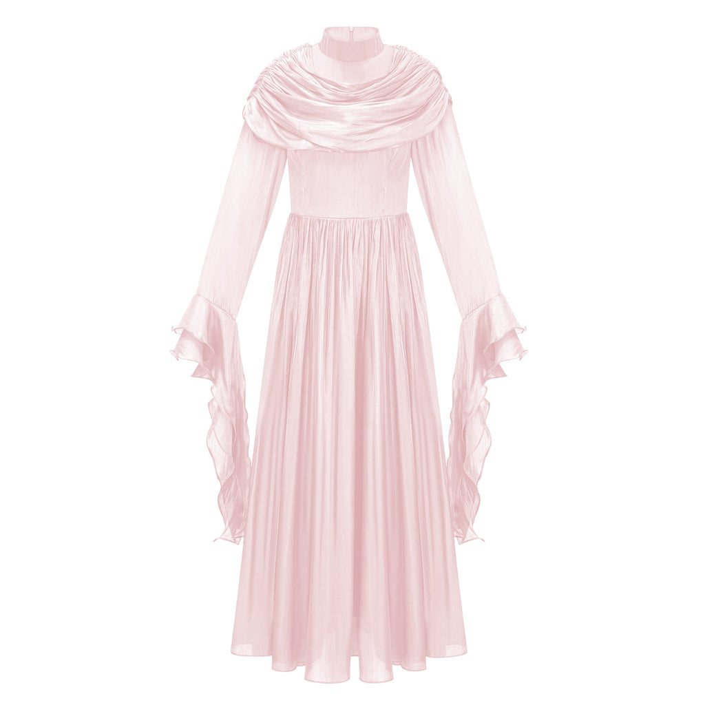 Vestido largo rosa Danuta con fruncido plisado y diseño ajustado en la parte superior, estilo elegante y sofisticado.
