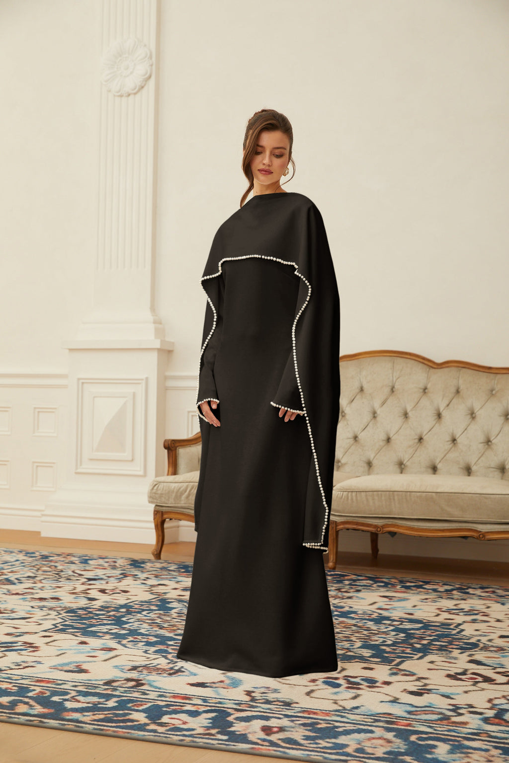 Piroska Black Pearl Trim Shawl Detail Maxi Dress (Final Sale)