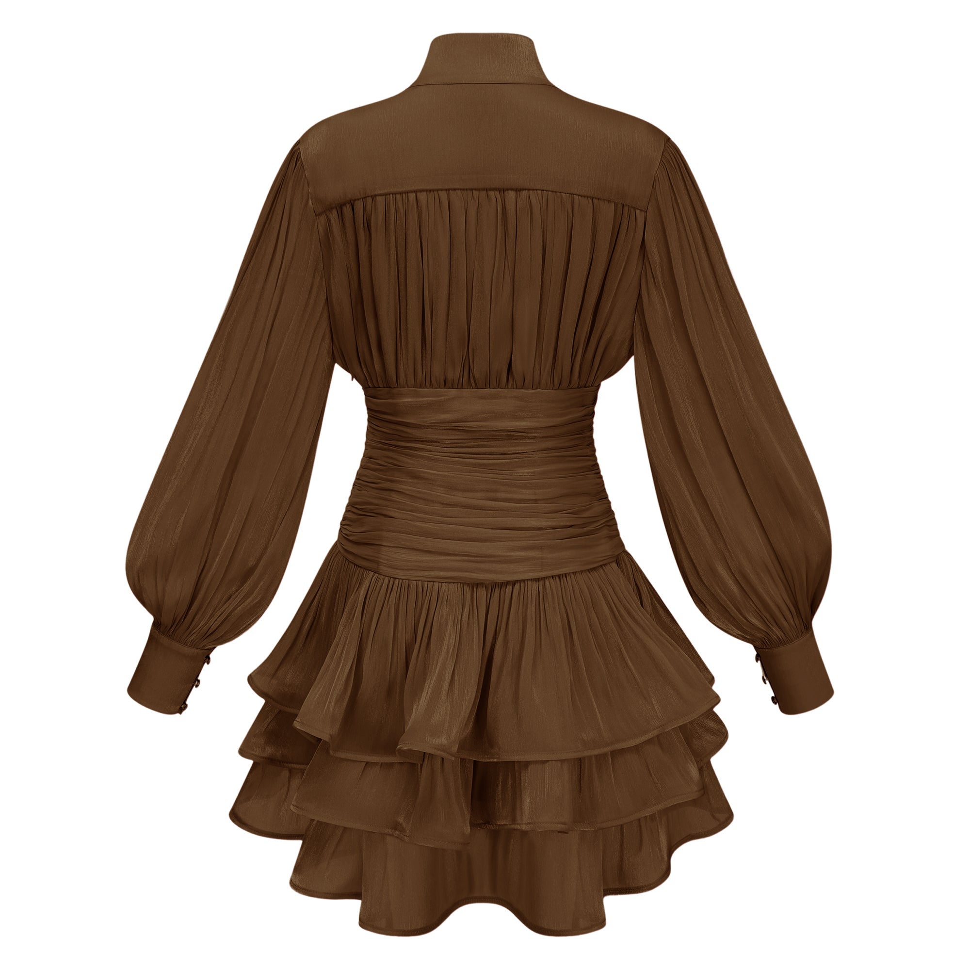 Vestido mini de novia Emersyn en color marrón con cuello alto y detalles de volantes, diseño elegante y moderno.
