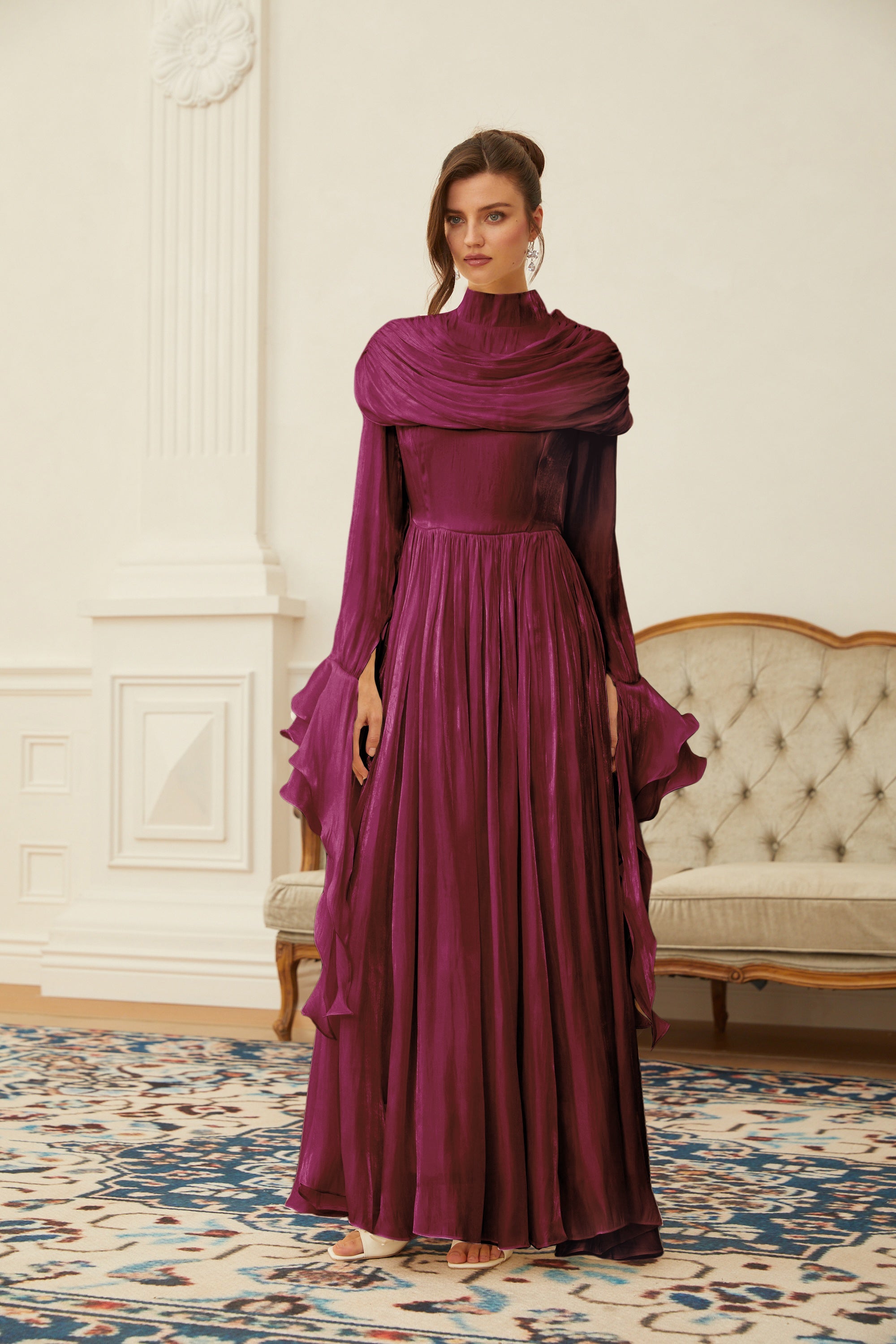 Danuta Burgundy Ruched Pleated Maxi Dress (Final Sale-US Only)