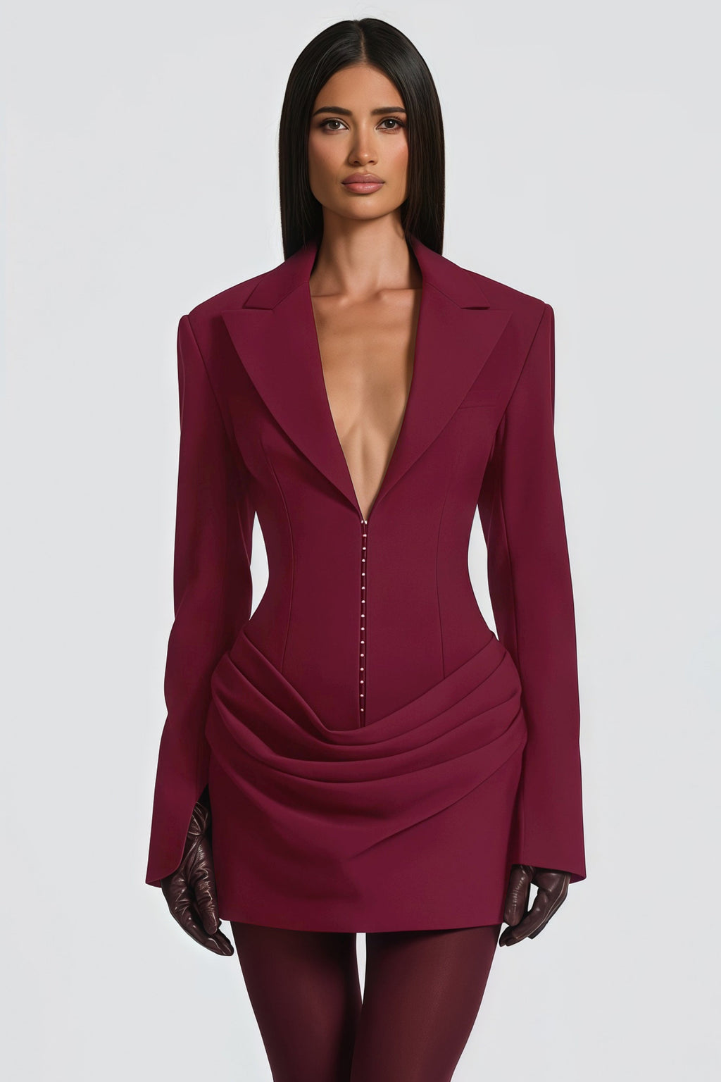 Rosette Burgundy Ruched Blazer Mini Dress (Final Sale-US Only)