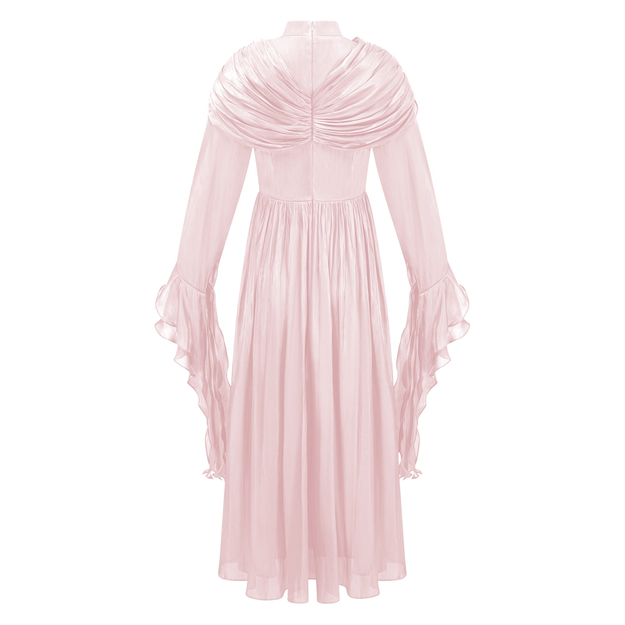 Vestido largo rosa Danuta con fruncido y pliegues, vestido maxi de moda y elegante para ocasiones especiales.