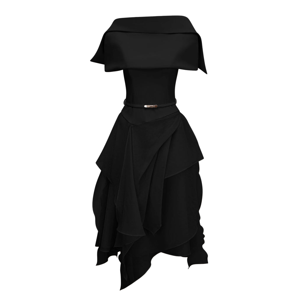 Conjunto de vestido de novia Bridal Aria Black con chal asimétrico y panel de tul, en color negro y elegante.