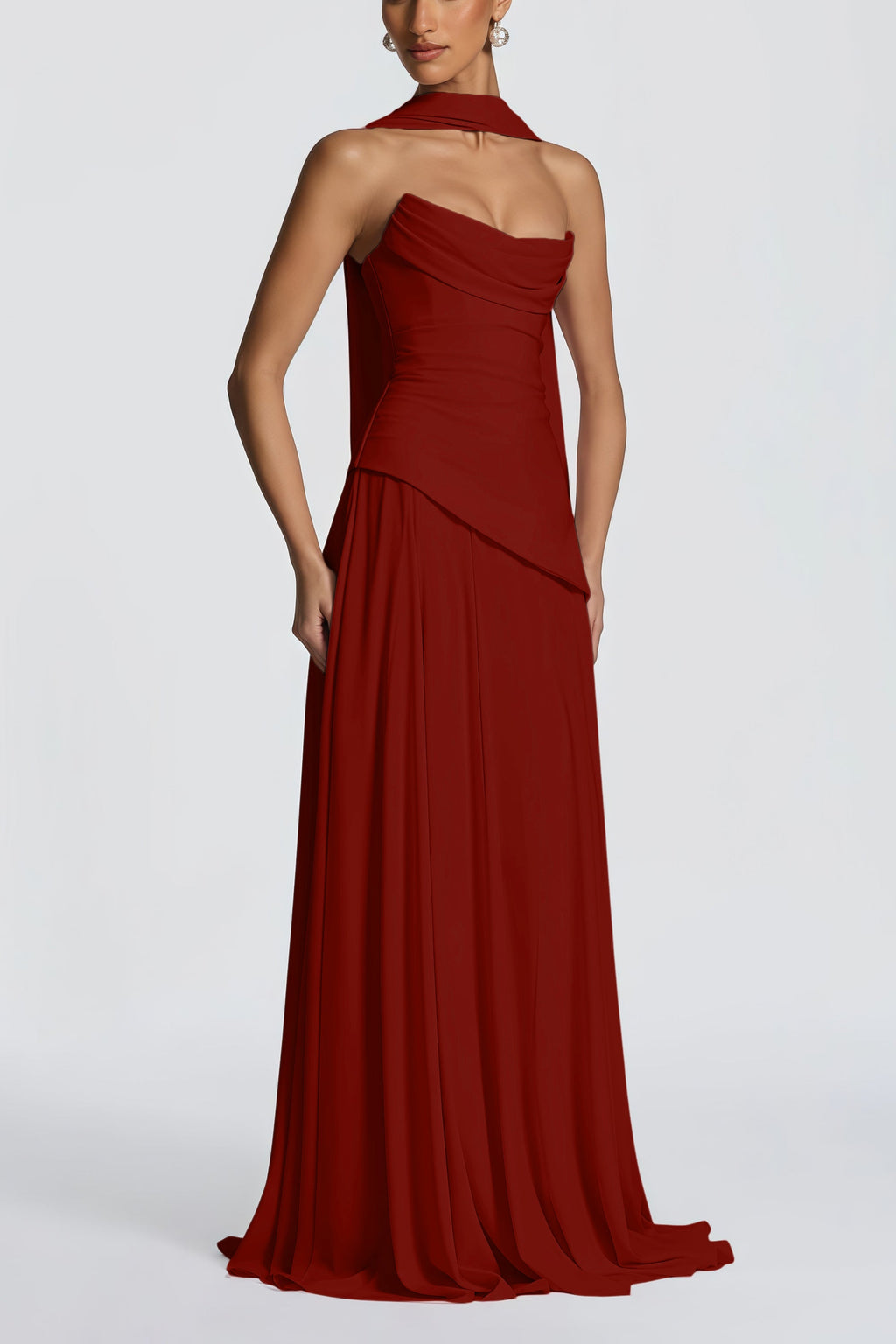 Romane Burgundy Strapless Corset Chiffon Maxi Dress