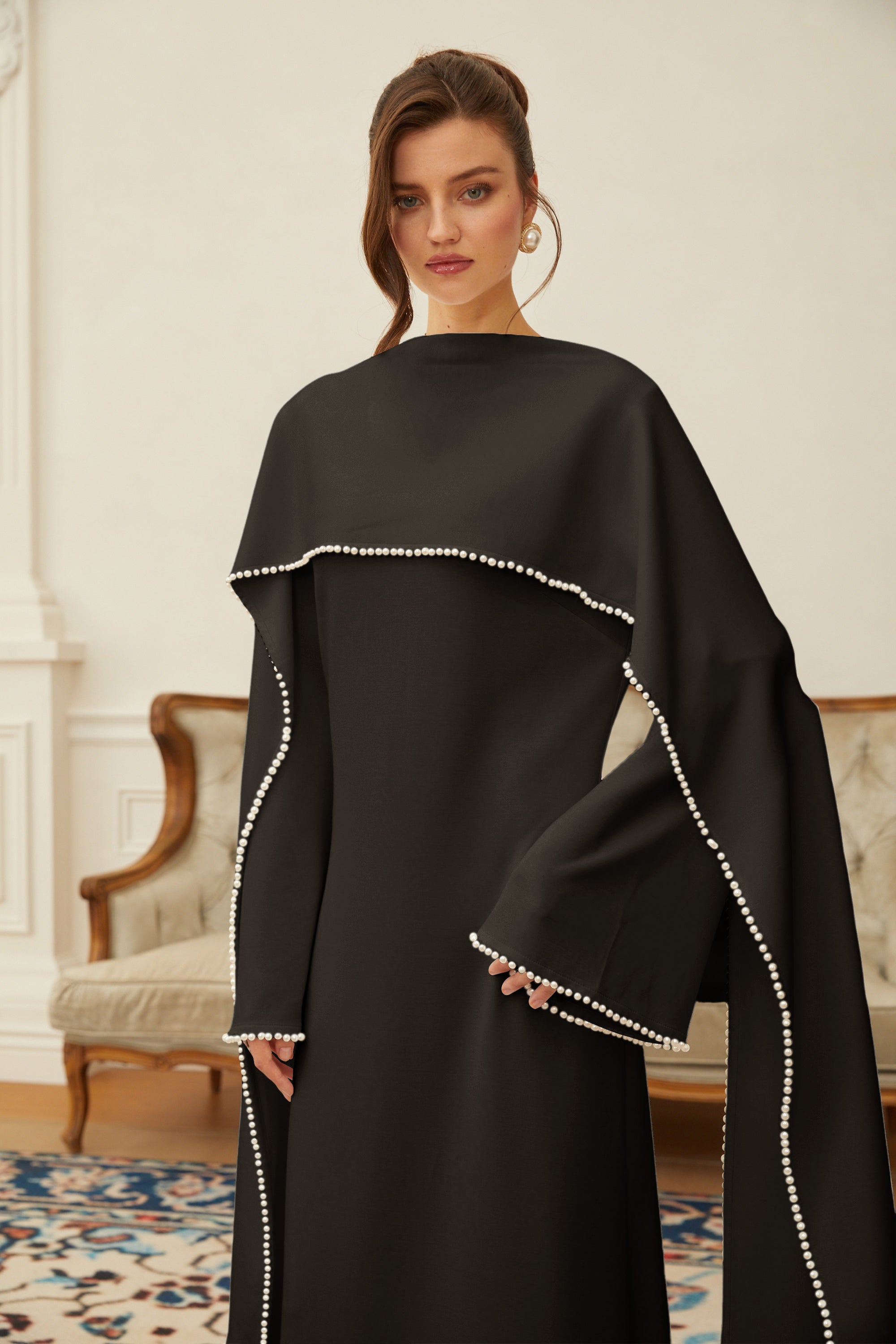 Piroska Black Pearl Trim Shawl Detail Maxi Dress (Final Sale)