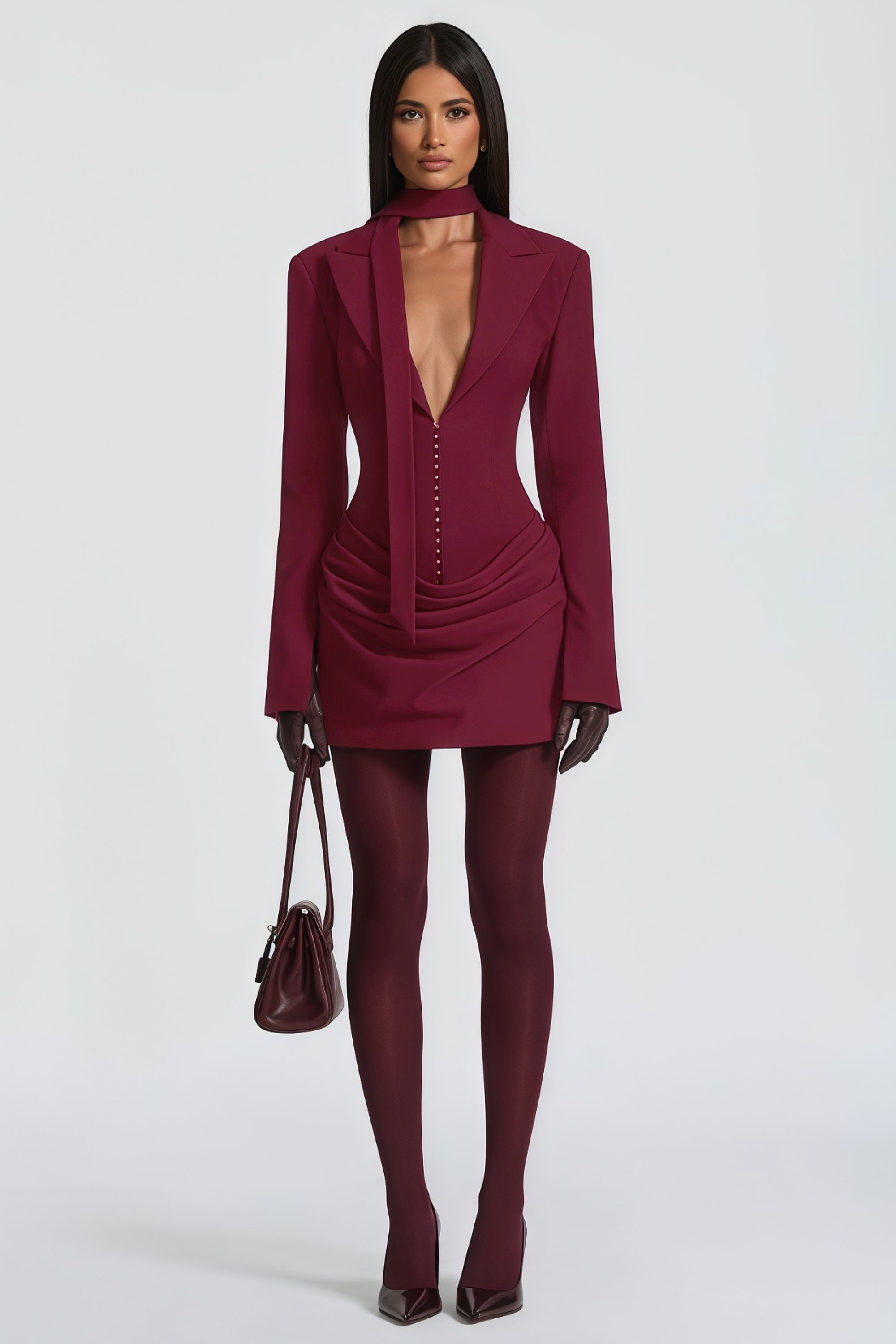 Rosette Burgundy Ruched Blazer Mini Dress (Final Sale-US Only)