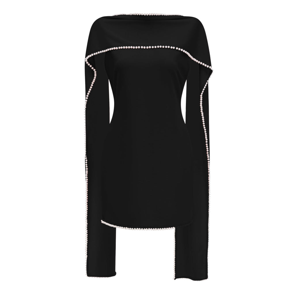 Vestido negro sin mangas de novia Piroska con ribete de perlas y estilo mini, diseñado para ocasiones especiales.