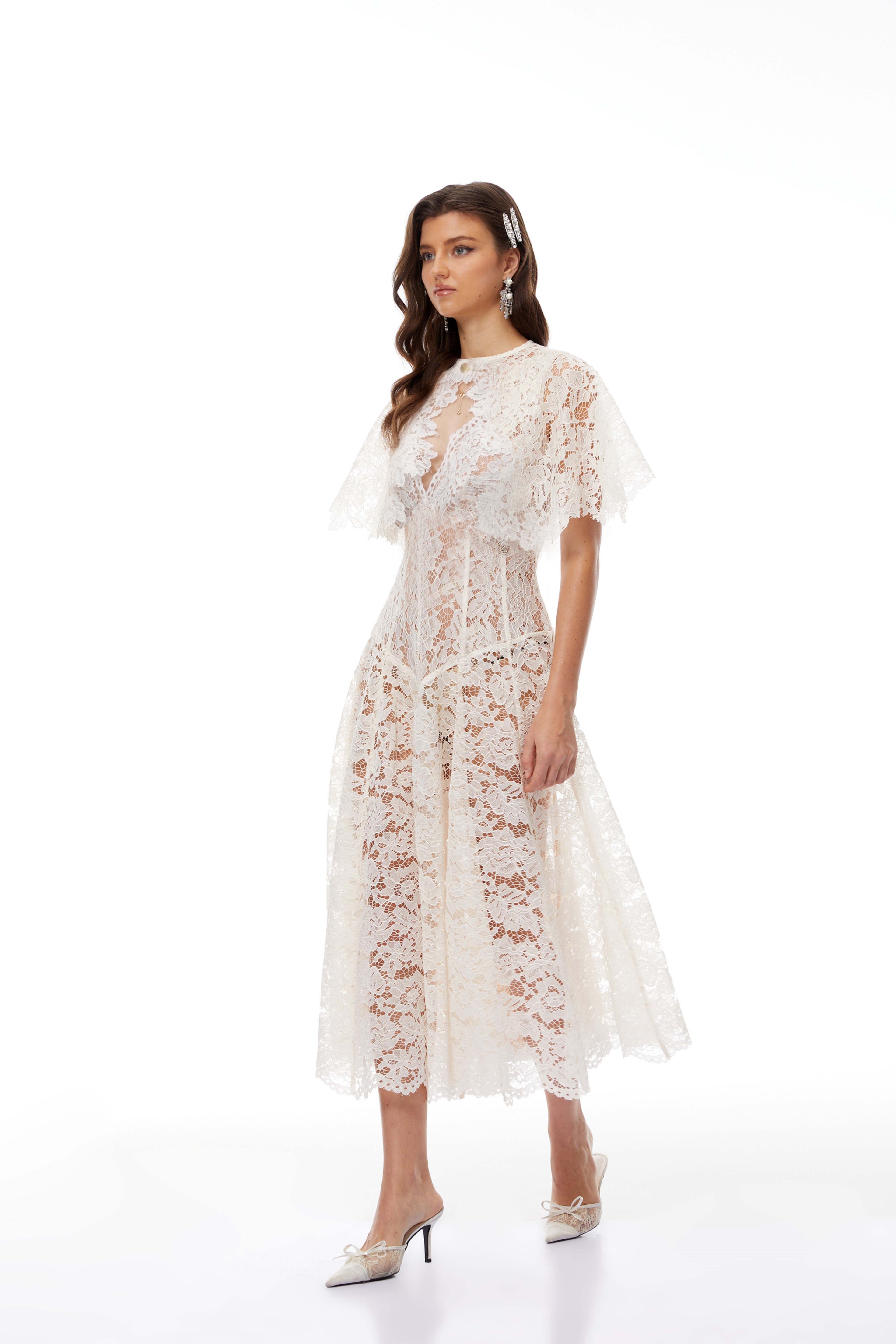 Alaia White Cape Design Floral Lace Midi Dress