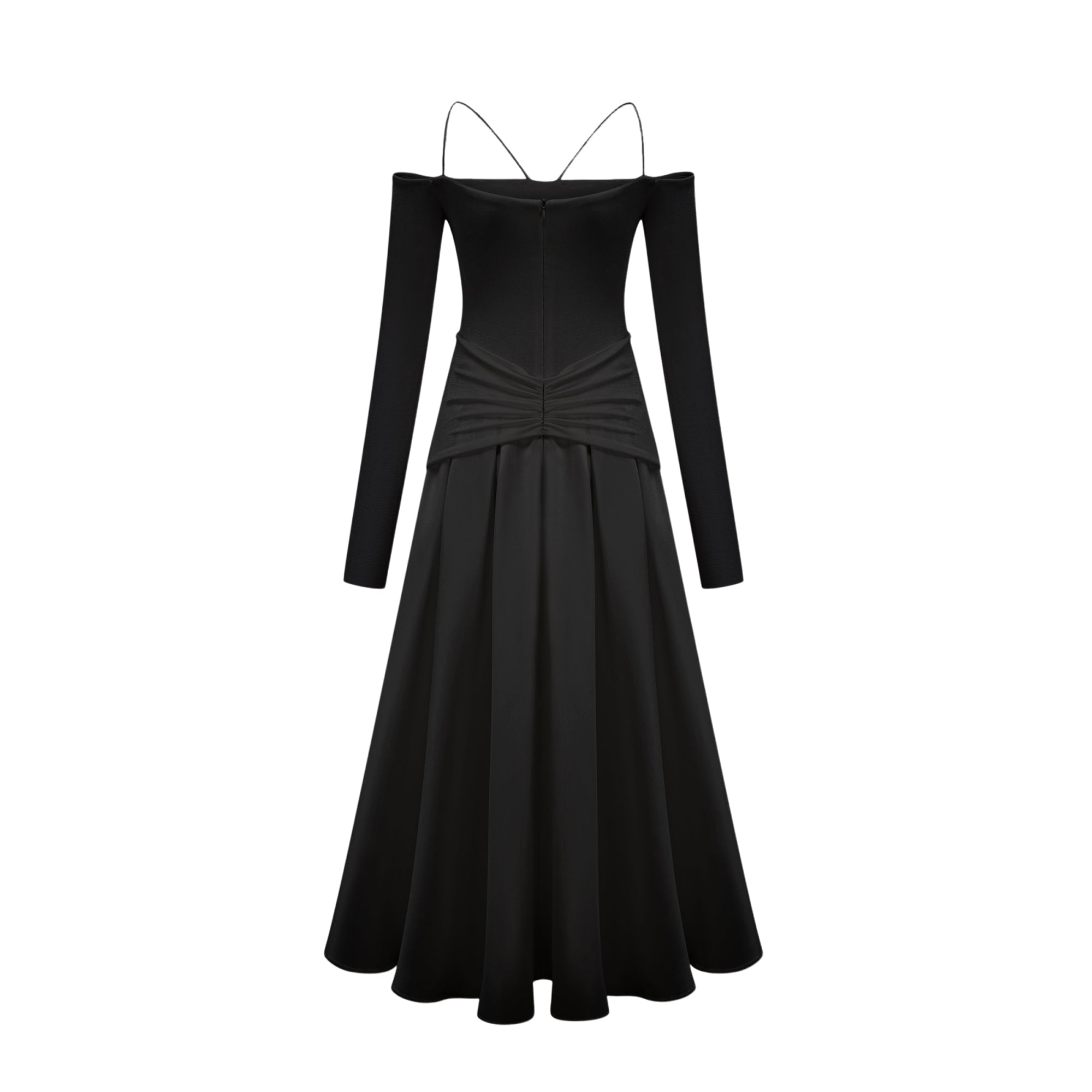 Vestido maxi negro de tirantes con hombros descubiertos y paneles, marca Final Sale, para eventos elegantes.