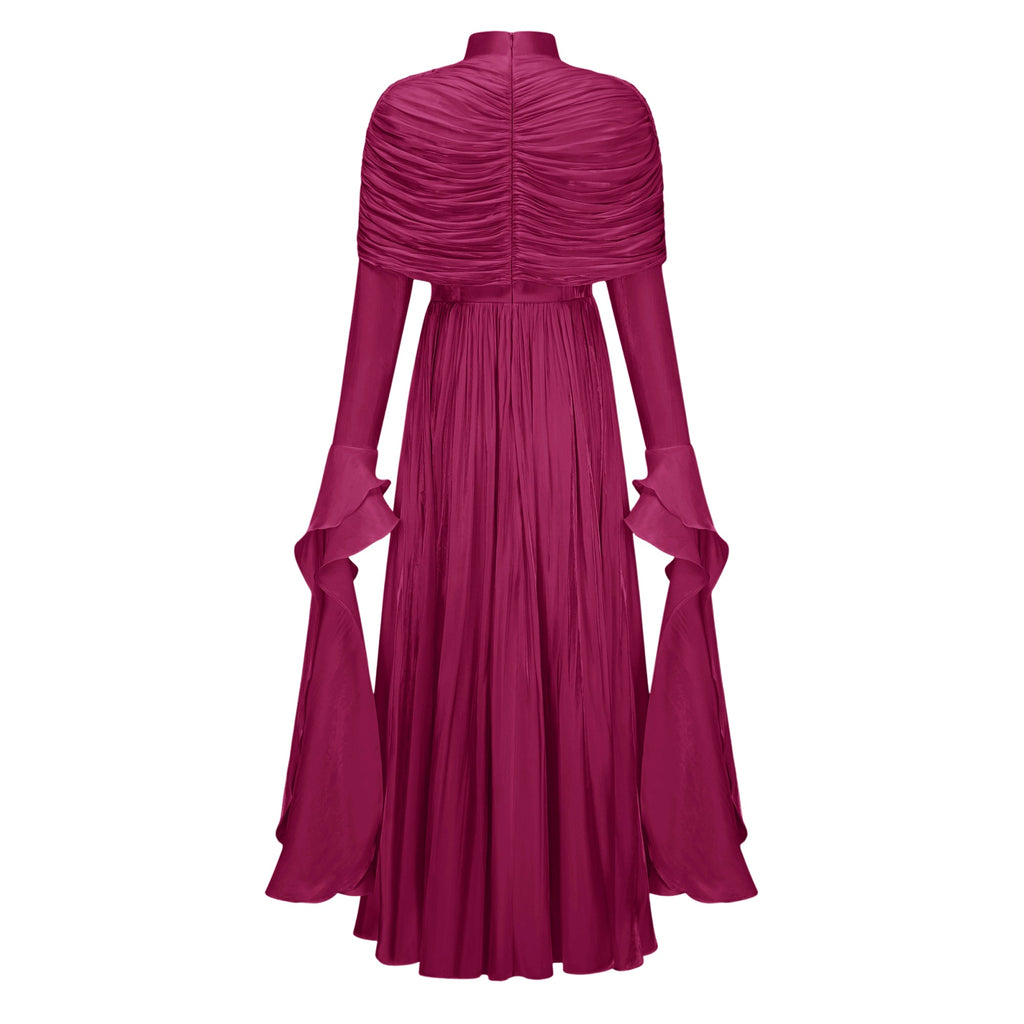 Gustave Burgundy Ruched Cape Ruffled Maxi Dress