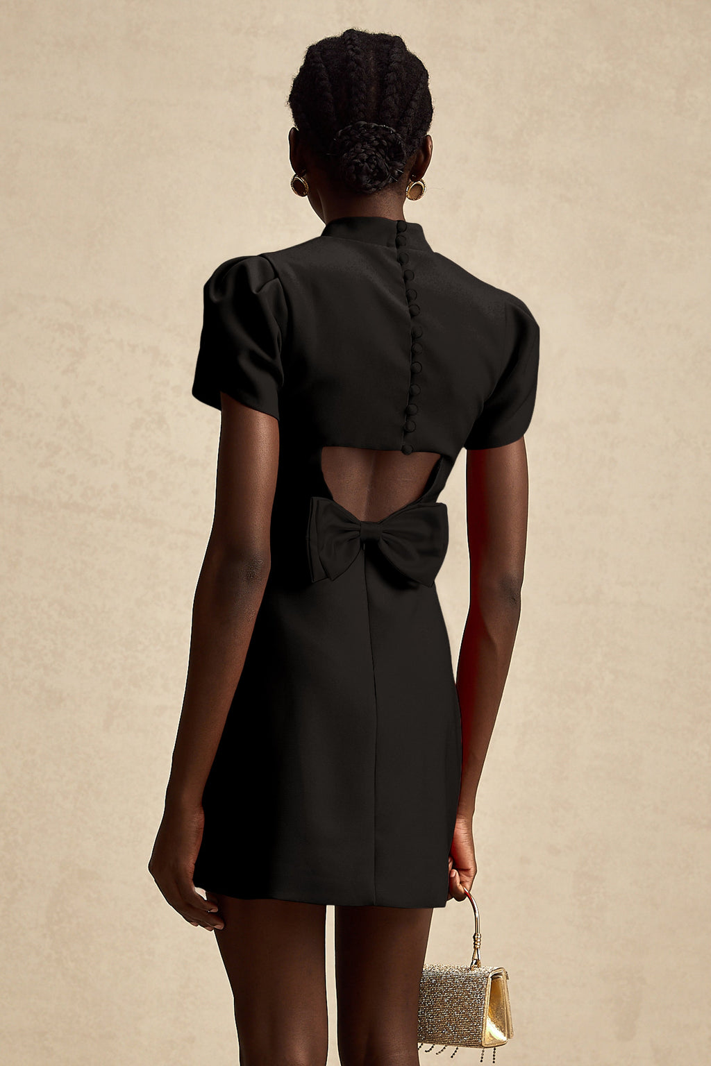 Anna Black Petal-Sleeve Cut-Out Bow Mini Dress