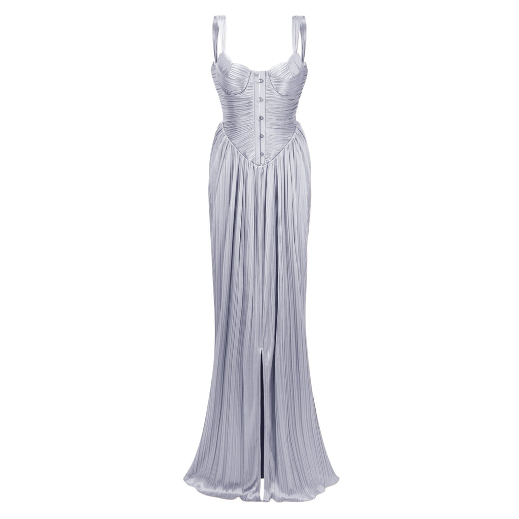 Vestido largo maxi de novia Nicoletta en satinado plateado con plisados y corsé ajustado, elegante y brillante.