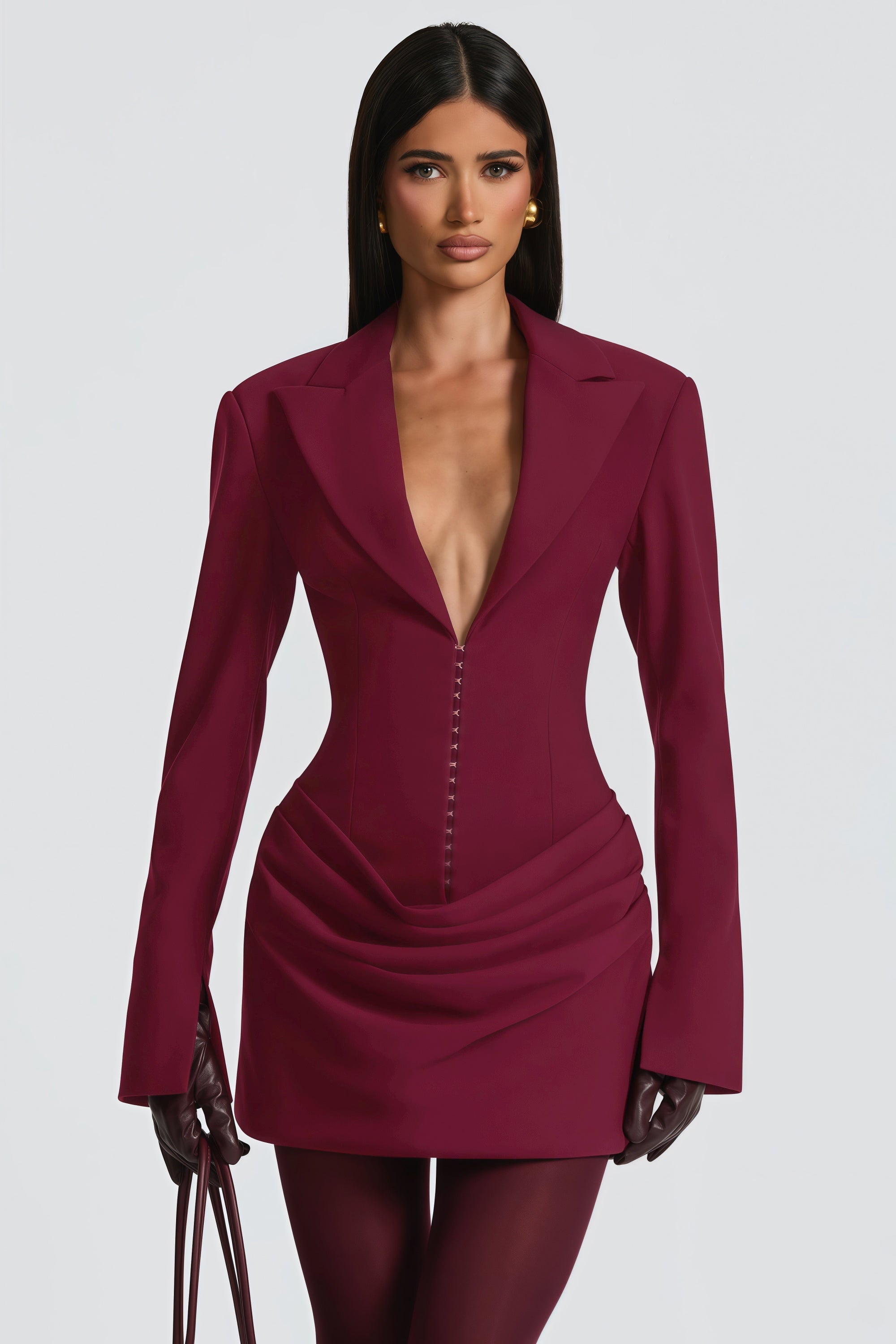 Rosette Burgundy Ruched Blazer Mini Dress (Final Sale-US Only)