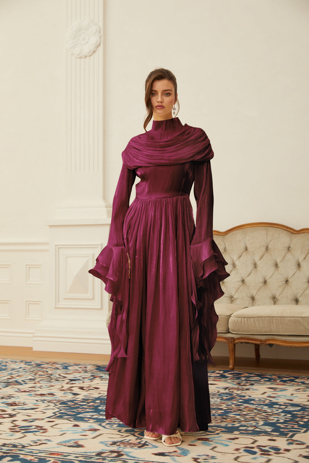 Danuta Burgundy Ruched Pleated Maxi Dress (Final Sale-US Only)