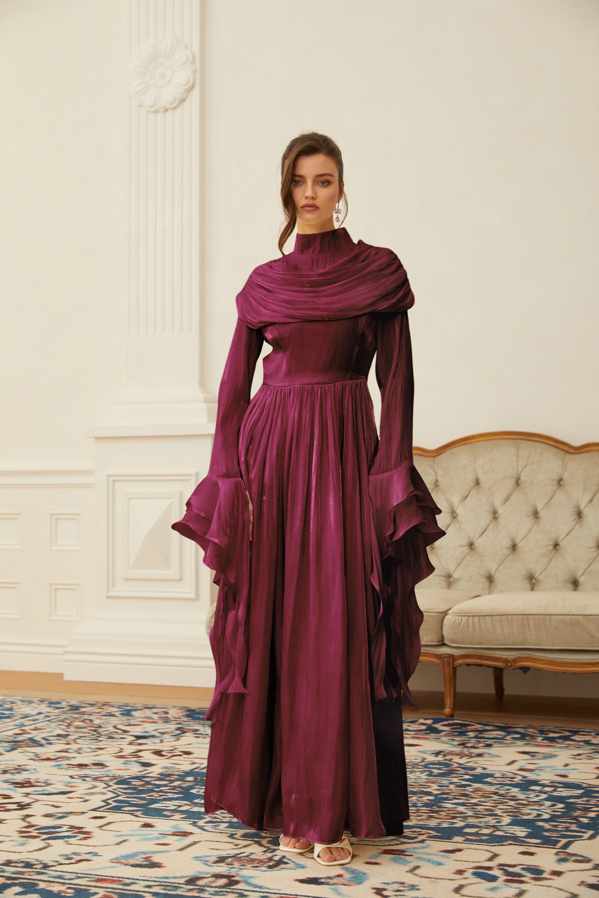 Danuta Burgundy Ruched Pleated Maxi Dress (Final Sale-US Only)