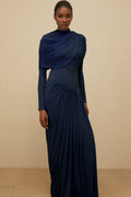 Vestido largo azul marino Catherine con plisado asimétrico y manga larga, estilo maxi para mujer, de la marca Final Sale.