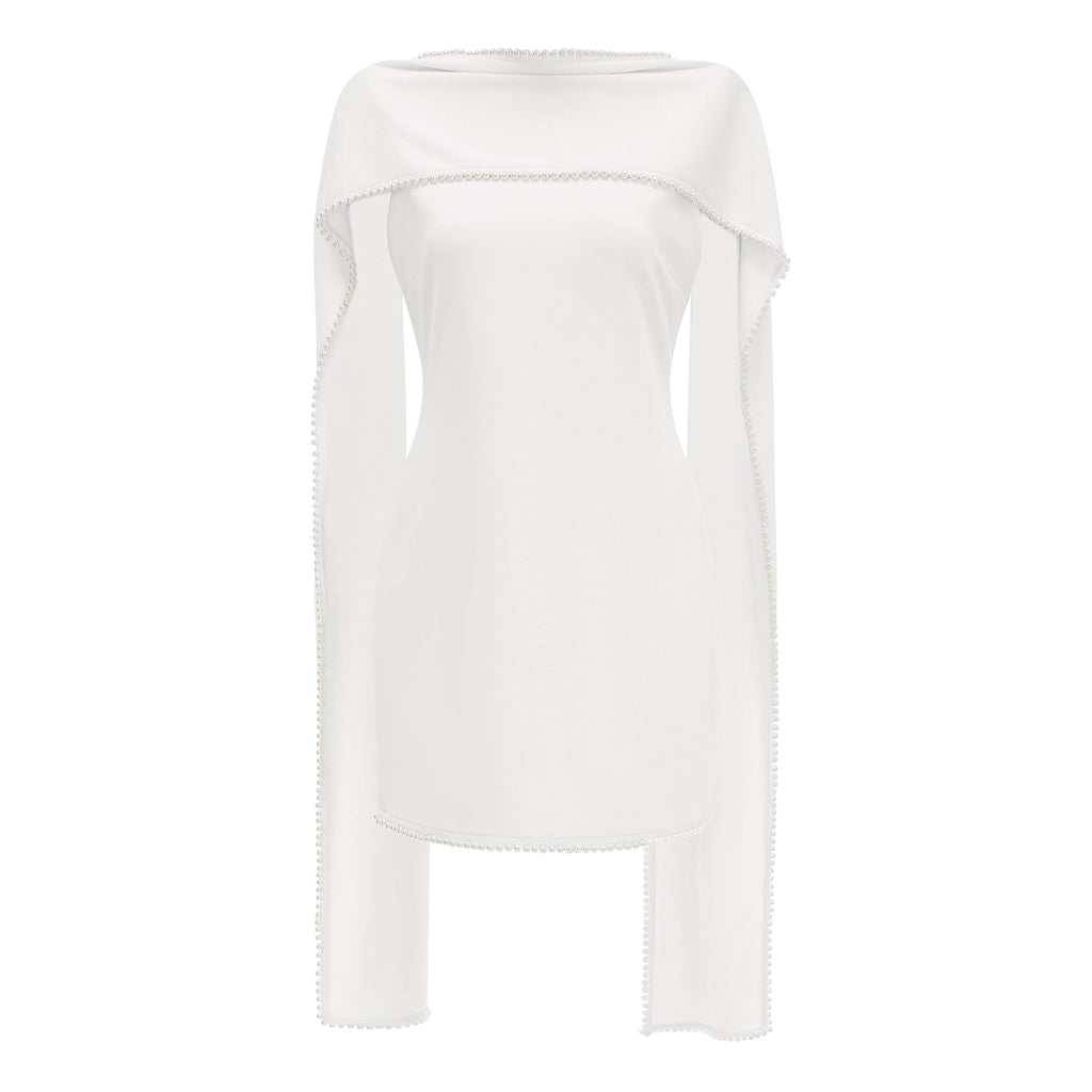 Piroska White Sleeveless Pearl Trim Mini Dress