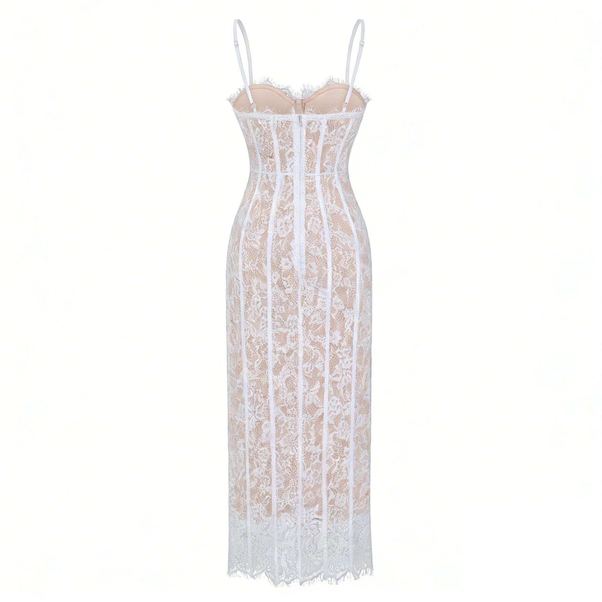 Vestido largo de novia blanco con corsé de encaje floral y detalles maxi, de la marca Bridal.