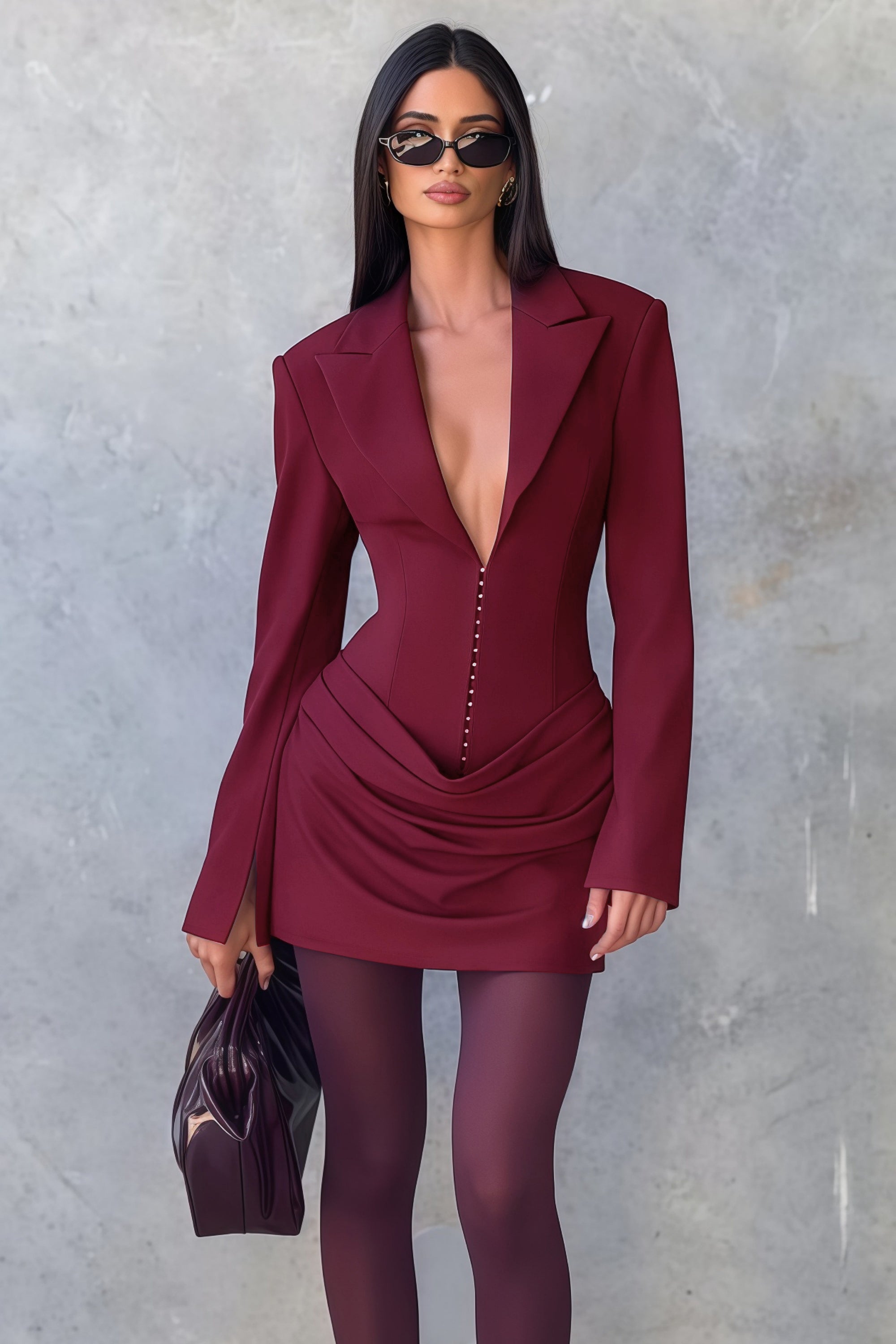Rosette Burgundy Ruched Blazer Mini Dress (Final Sale-US Only)