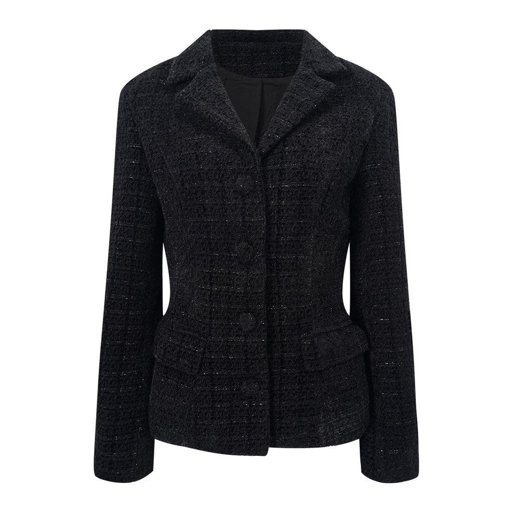 Conjunto de chaqueta de tweed negra Ariadna y falda de satén, conjunto elegante para mujer, en color negro y estilo sofisticado.
