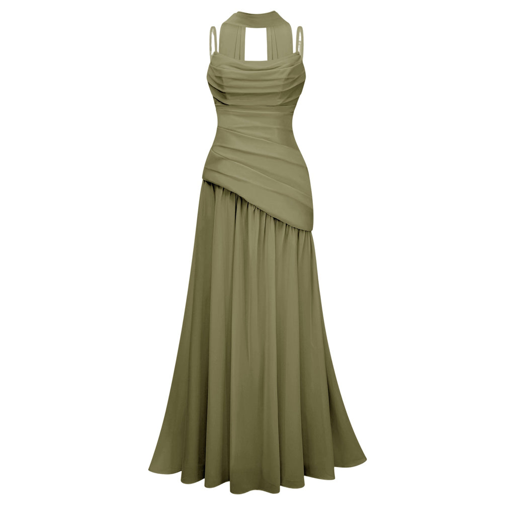 Vestido maxi sin tirantes Romane Green de chiffon, vestido largo de corsé ajustado y elegante para ocasiones especiales.